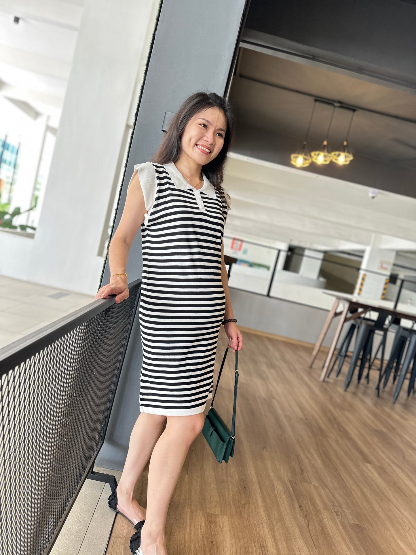Chers Collared Stripes Sleeveless Dress