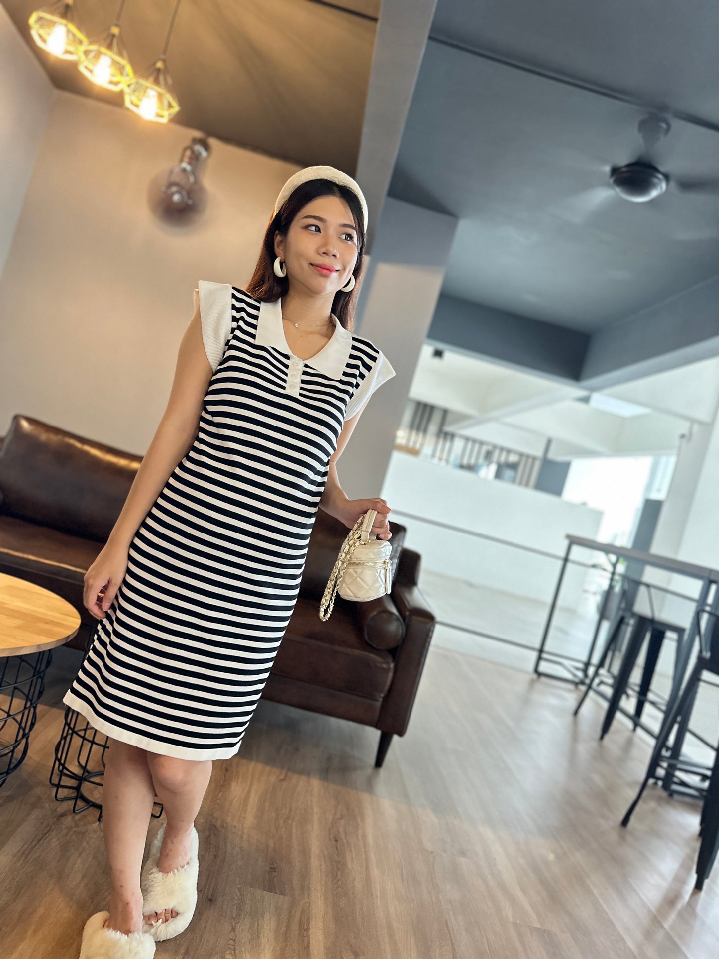 Chers Collared Stripes Sleeveless Dress