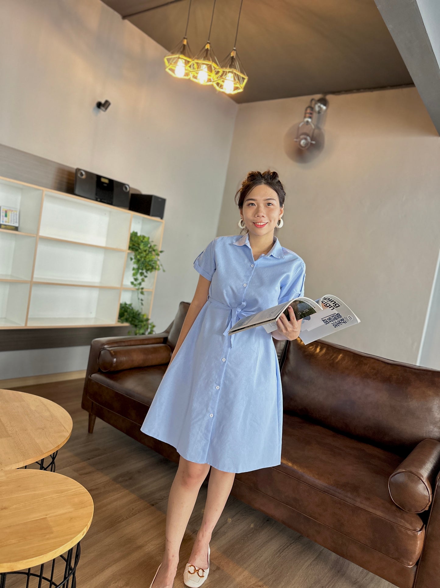 Sky Blue Collar Belted Maternity Dress