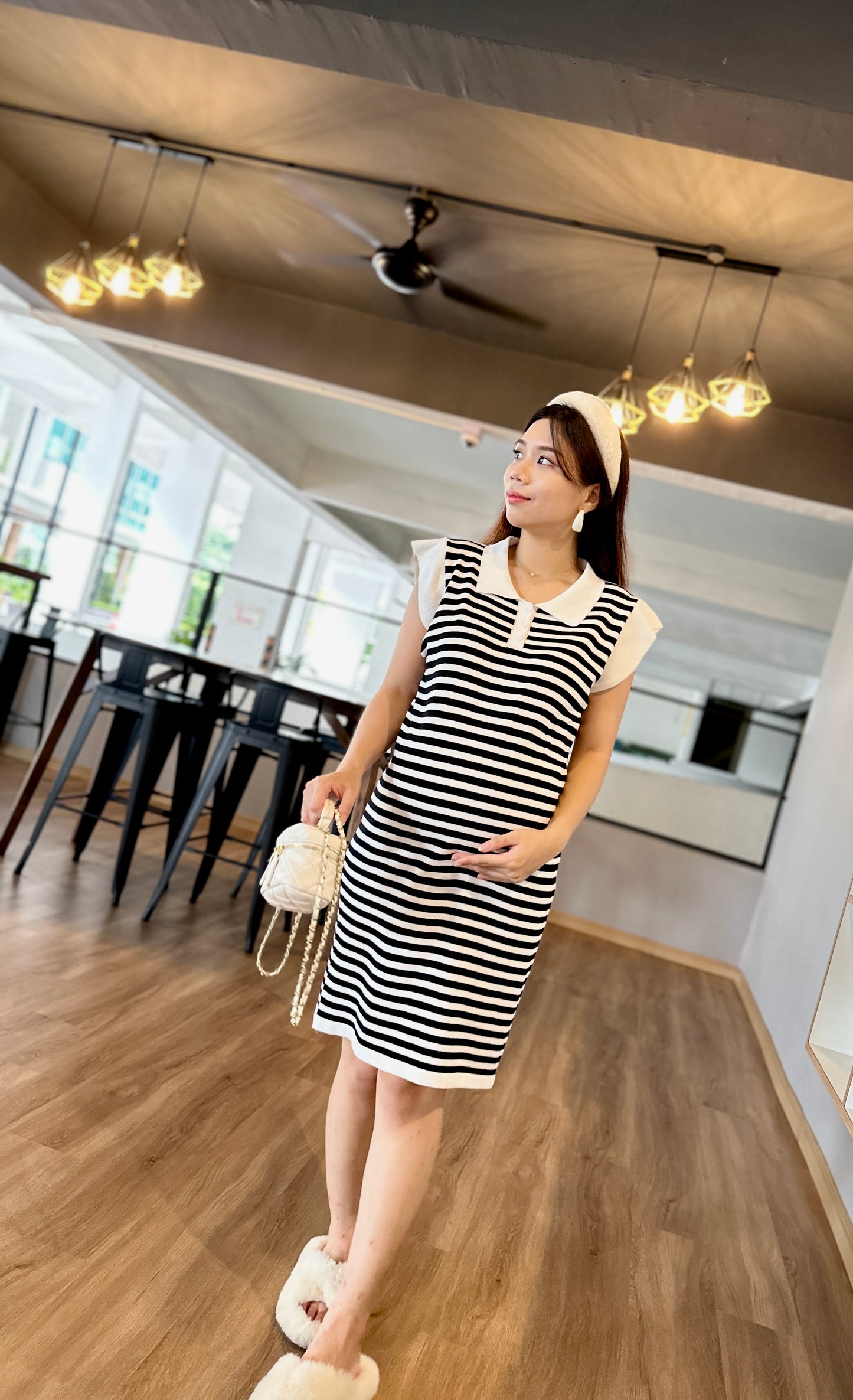 Chers Collared Stripes Sleeveless Dress