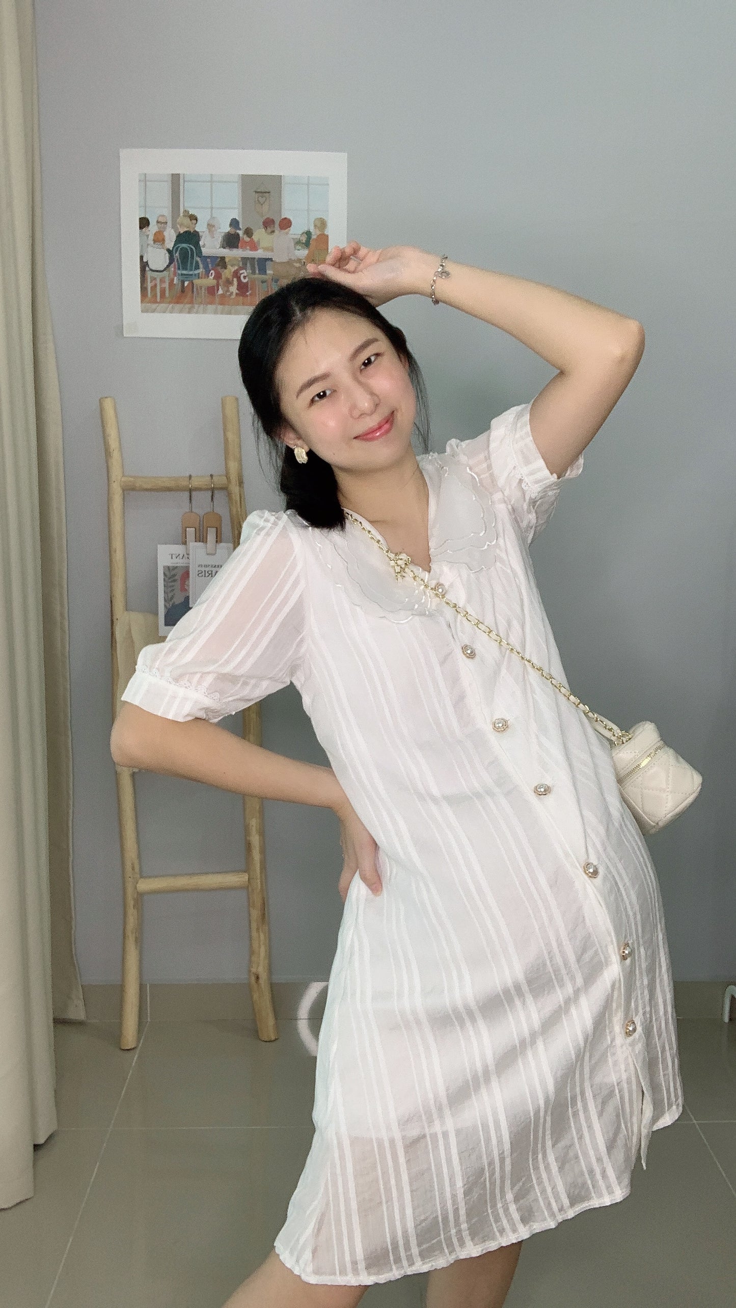 White Floral Collar Button Maternity Dress