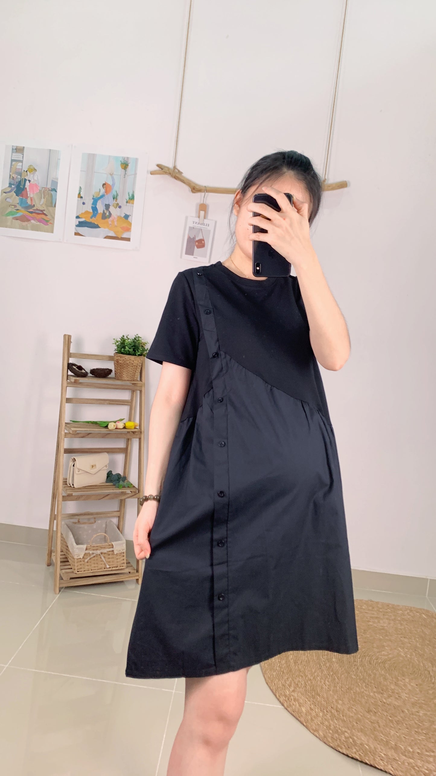VENE Black Side Button Maternity Dress