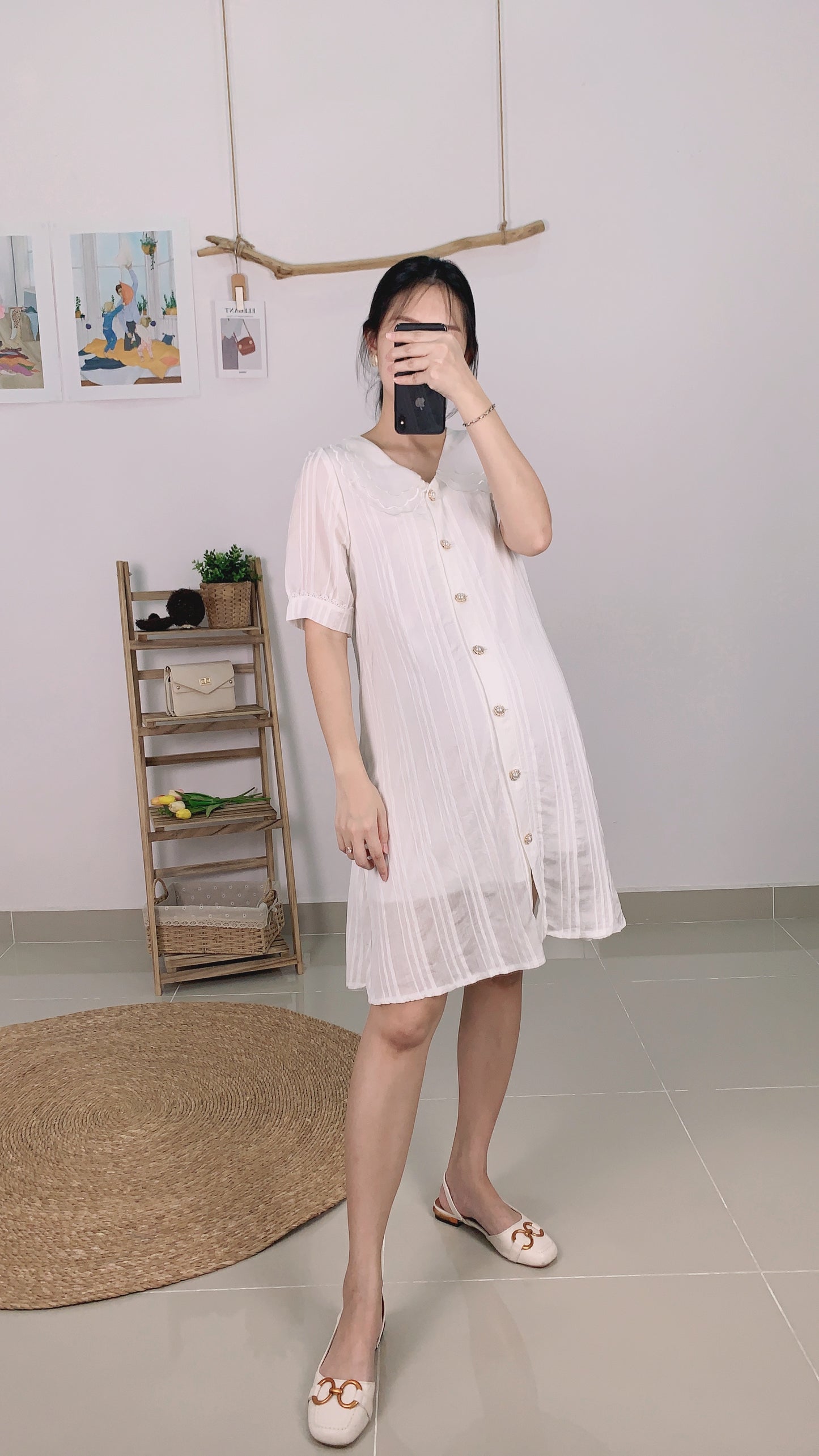 White Floral Collar Button Maternity Dress