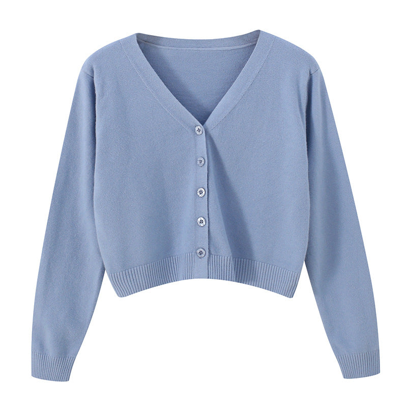 Zess Knitted Knits Long Sleeve Button Crop Top