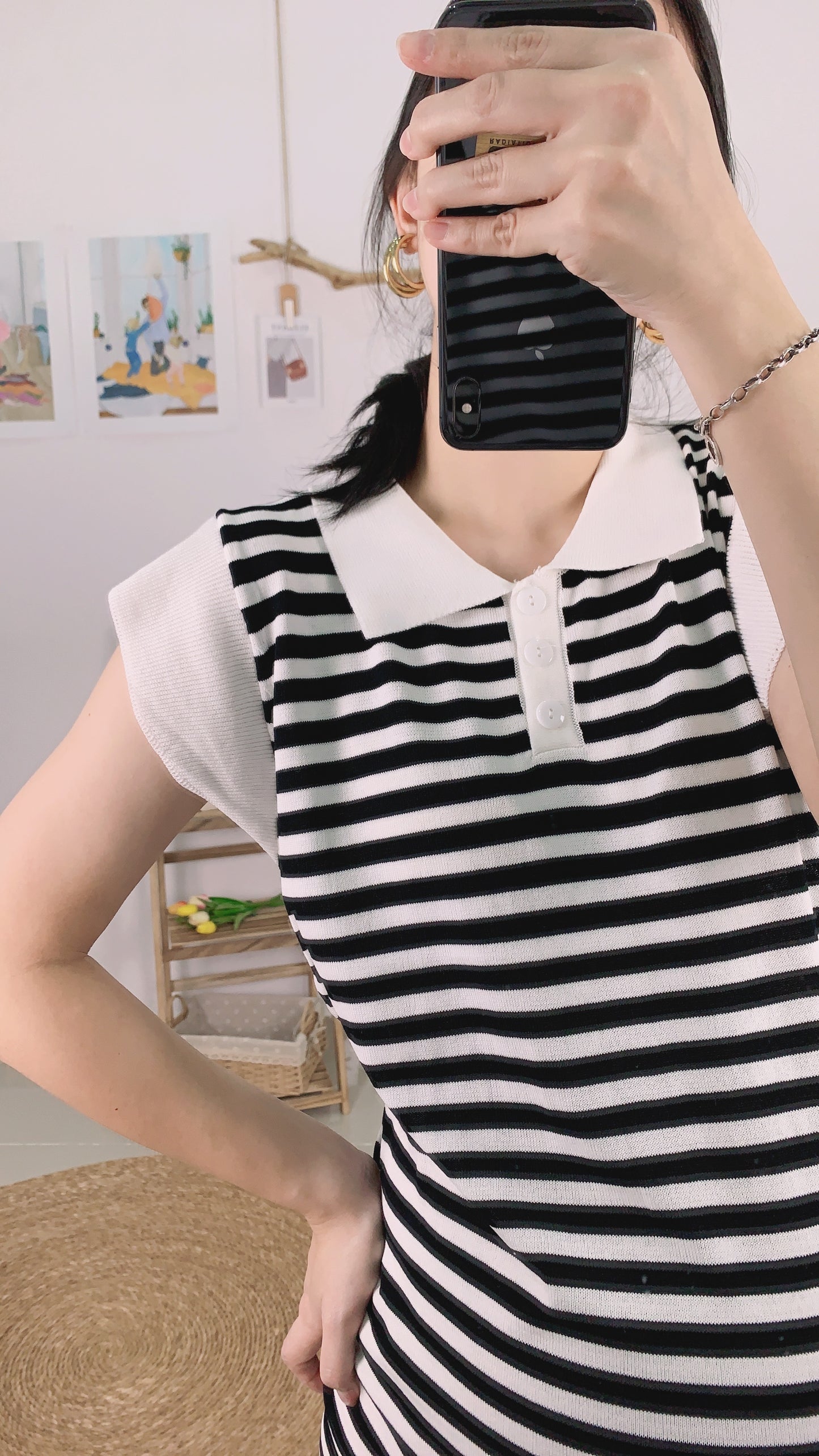 Chers Collared Stripes Sleeveless Dress