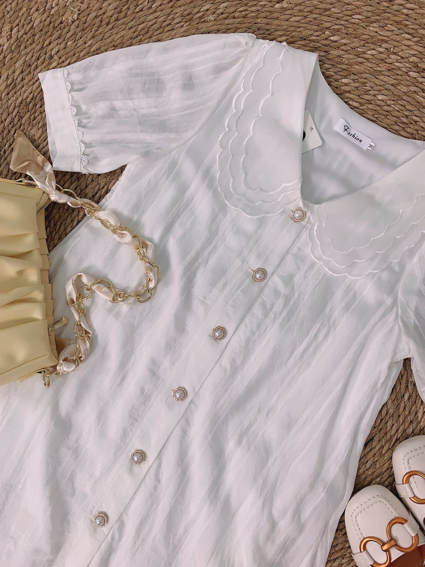 White Floral Collar Button Maternity Dress