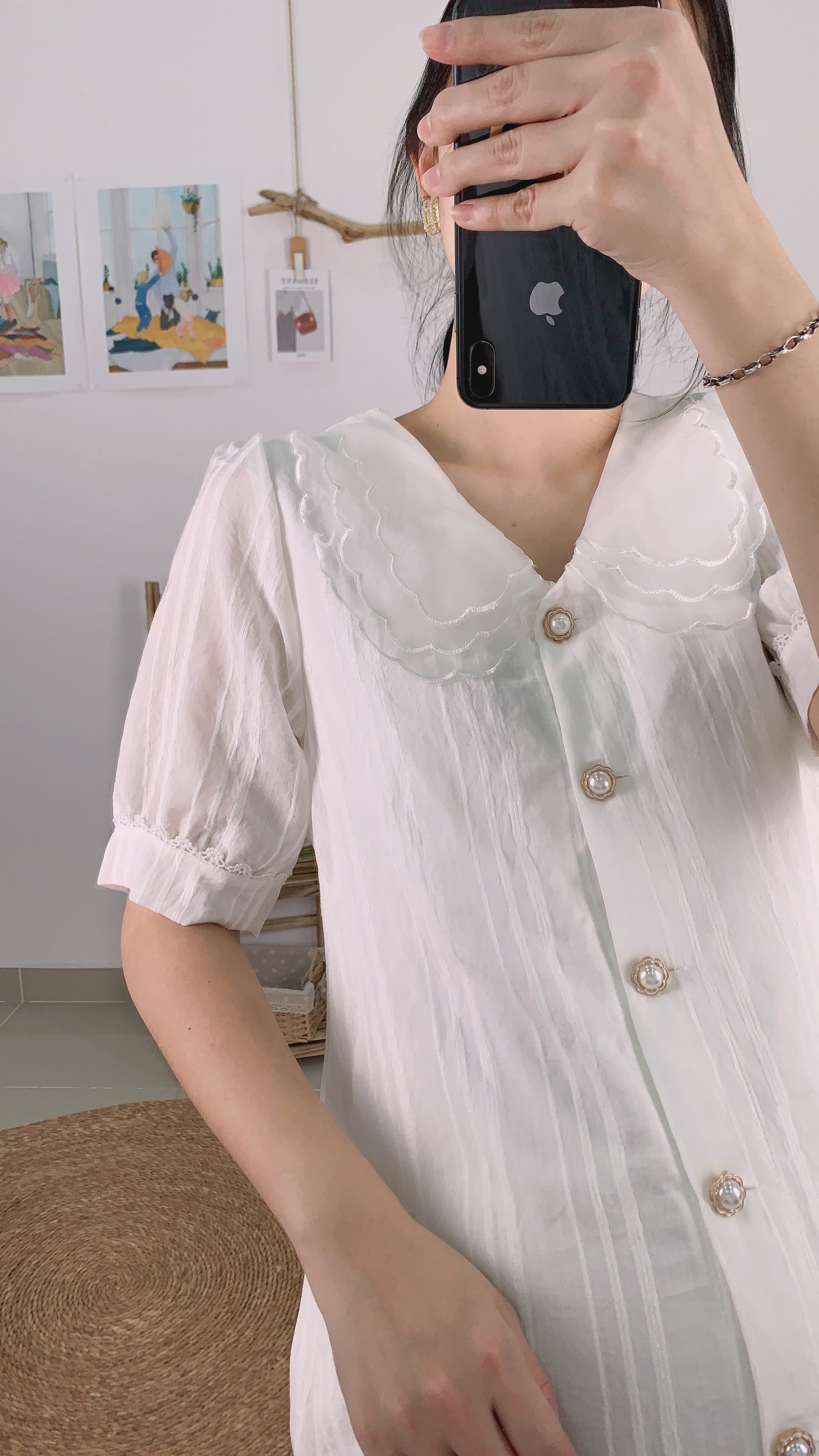 White Floral Collar Button Maternity Dress