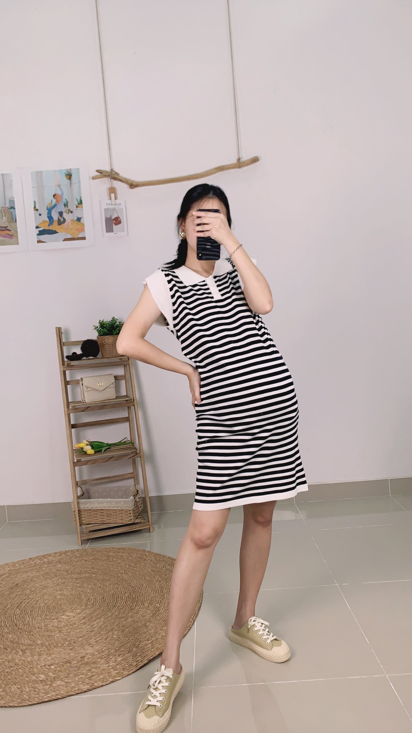 Chers Collared Stripes Sleeveless Dress