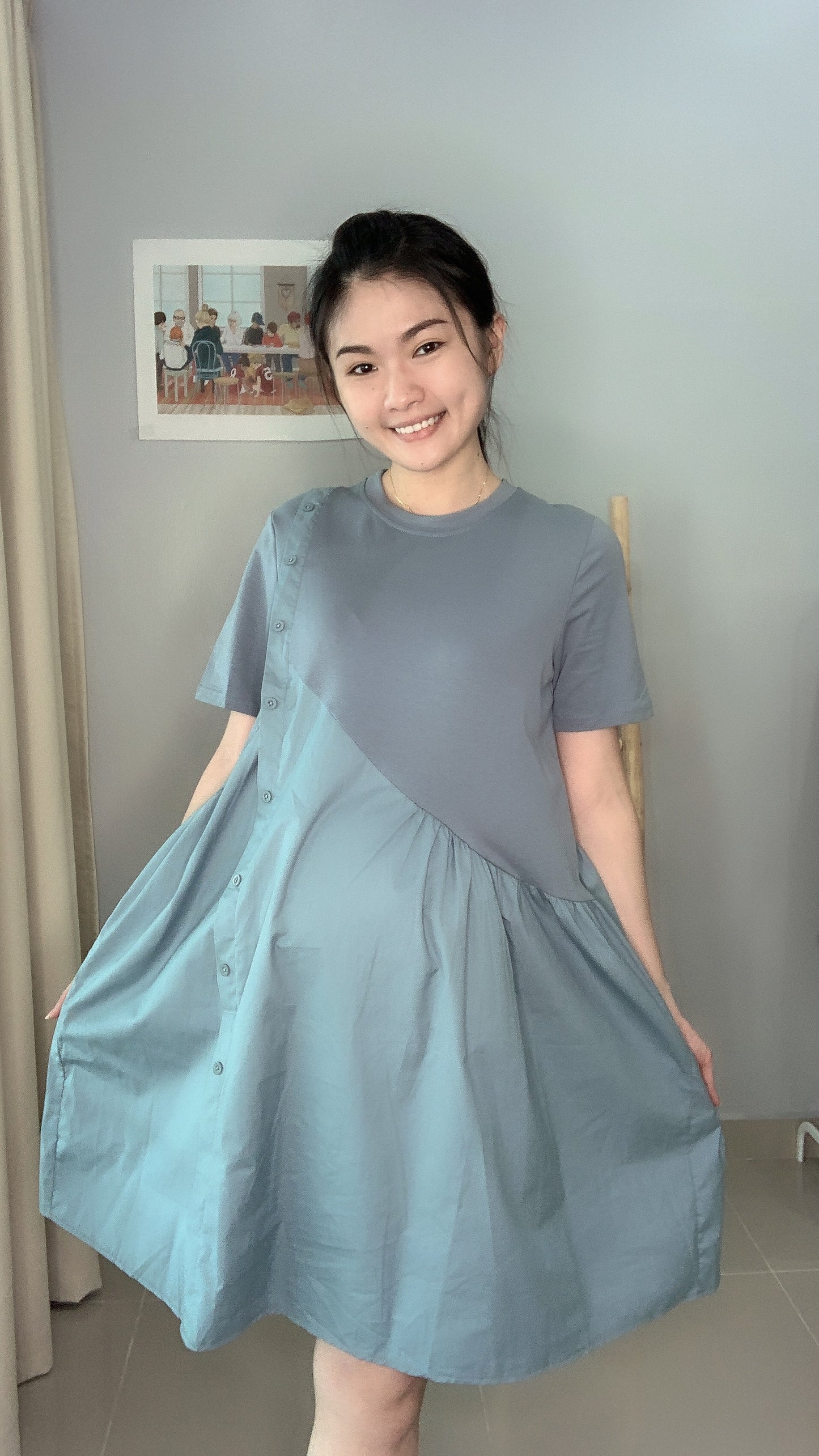 VENE Blue Side Button Maternity Dress
