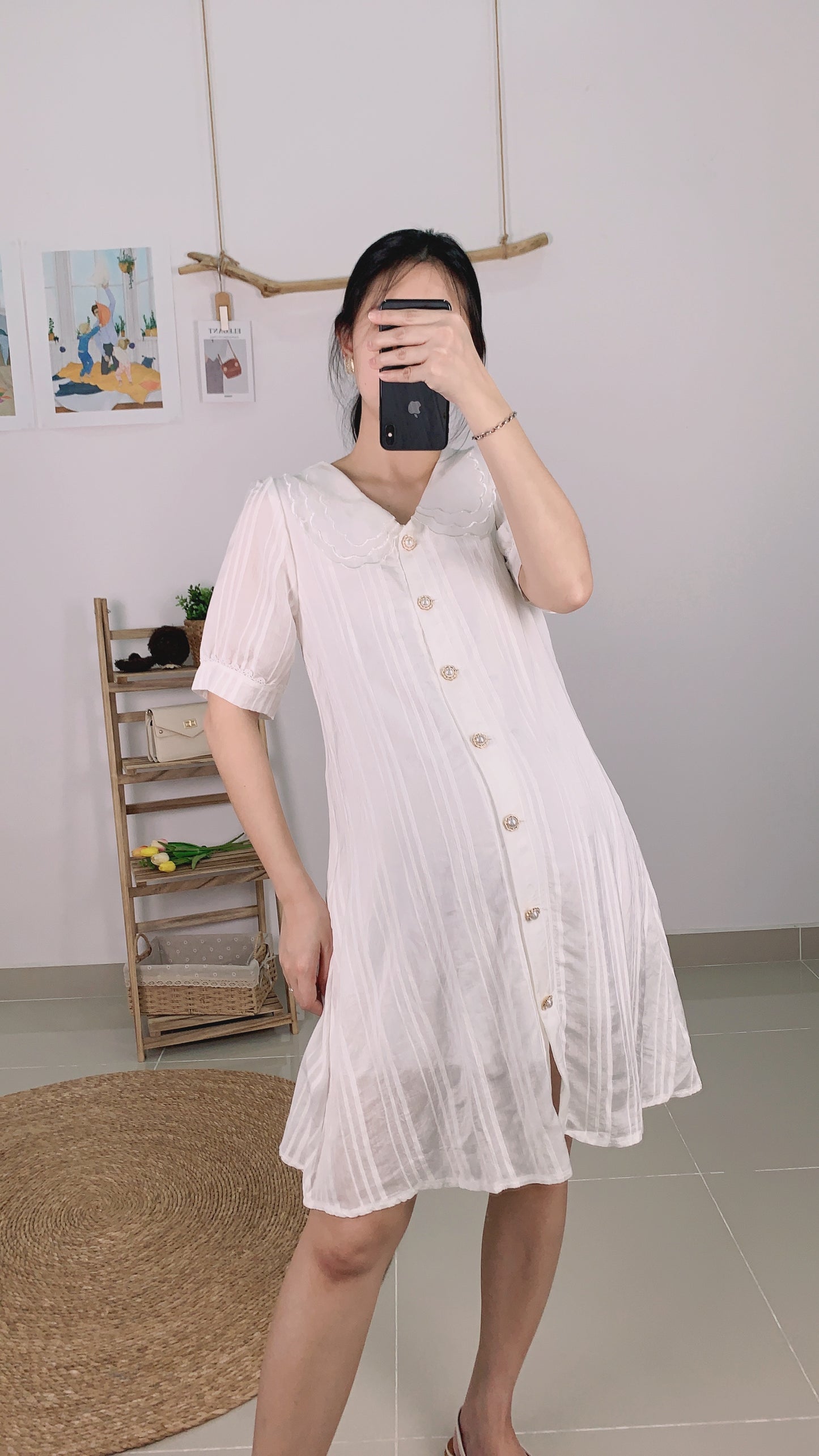 White Floral Collar Button Maternity Dress