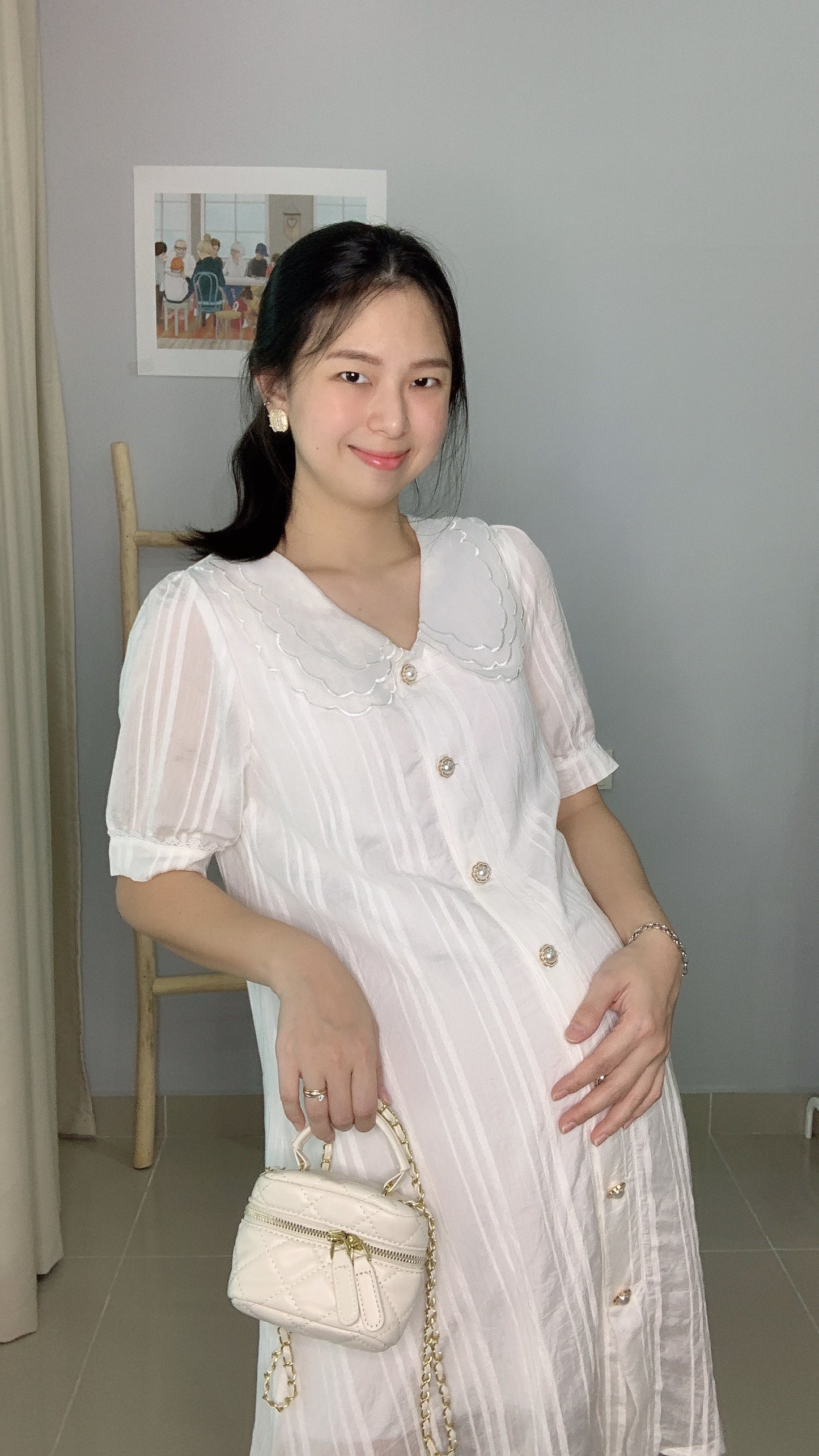 White Floral Collar Button Maternity Dress