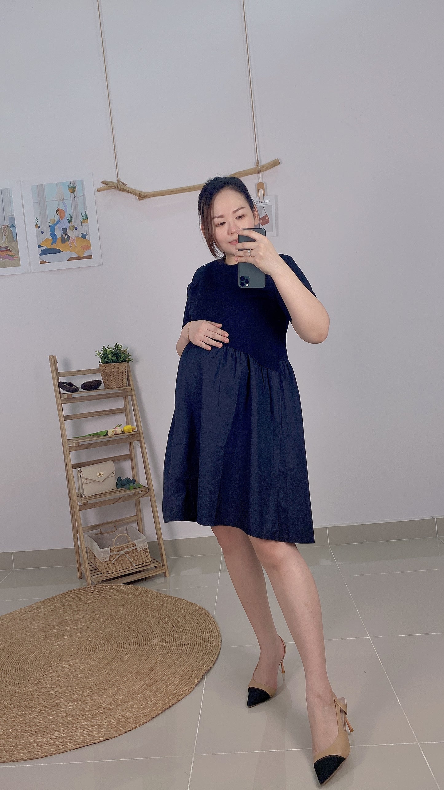 VENE Black Side Button Maternity Dress