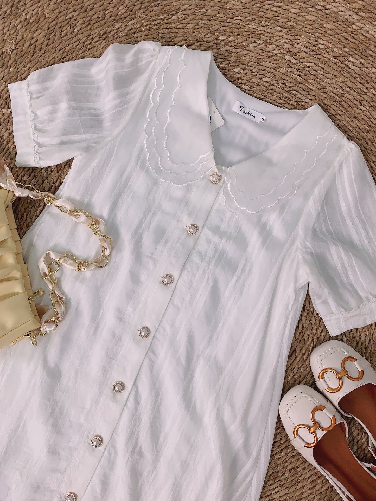 White Floral Collar Button Maternity Dress