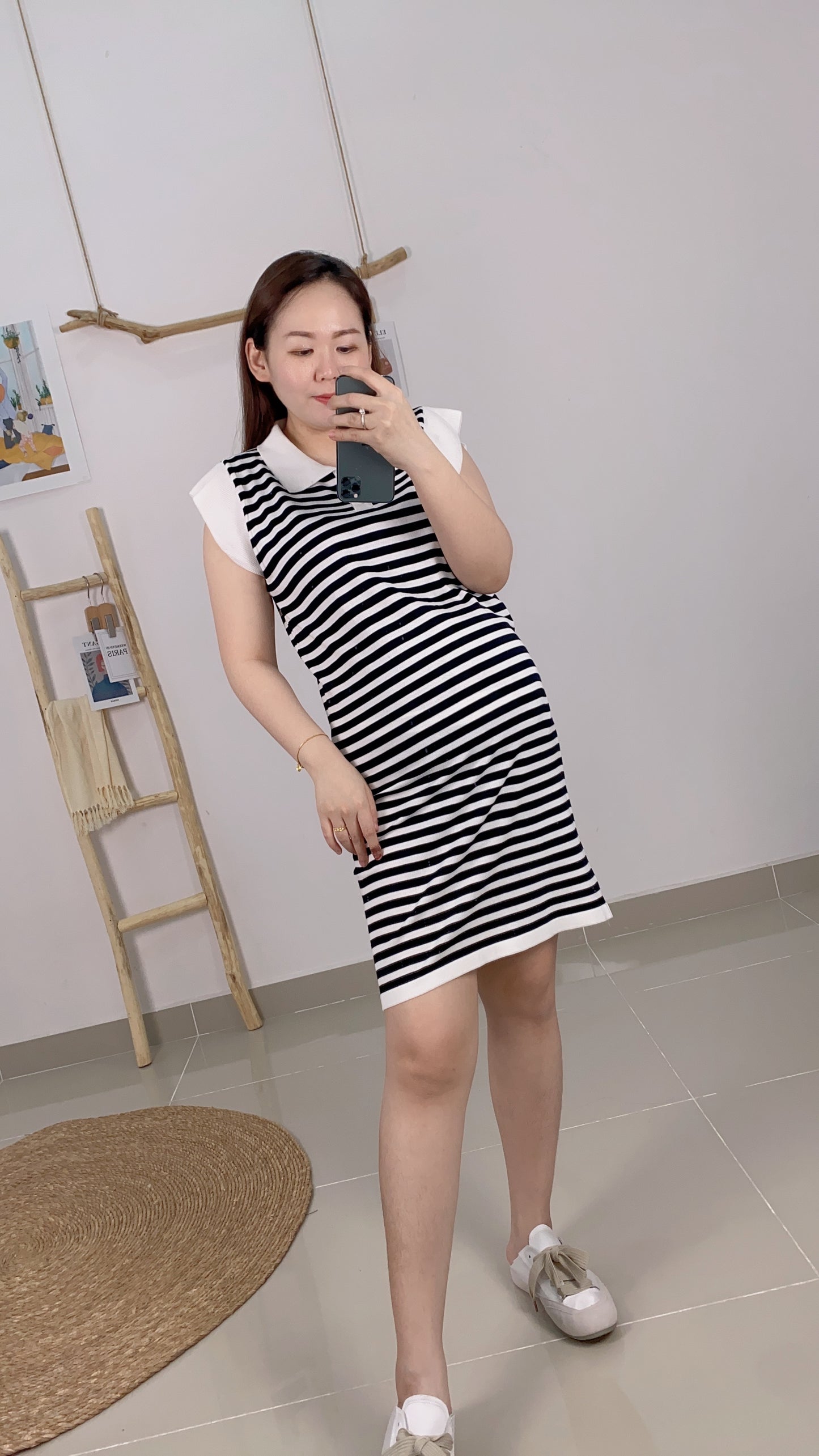 Chers Collared Stripes Sleeveless Dress
