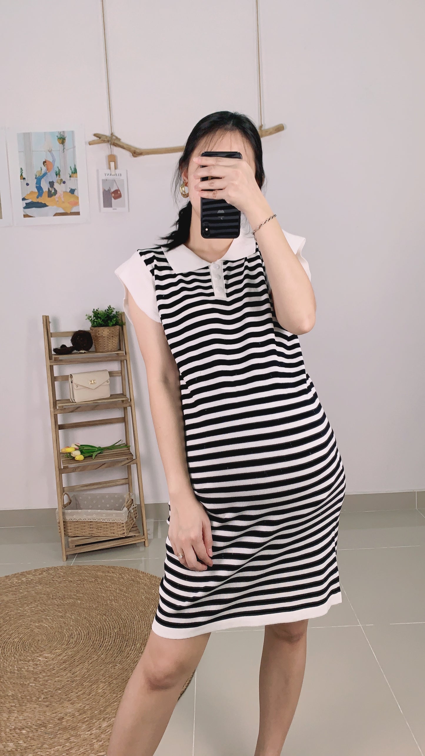 Chers Collared Stripes Sleeveless Dress