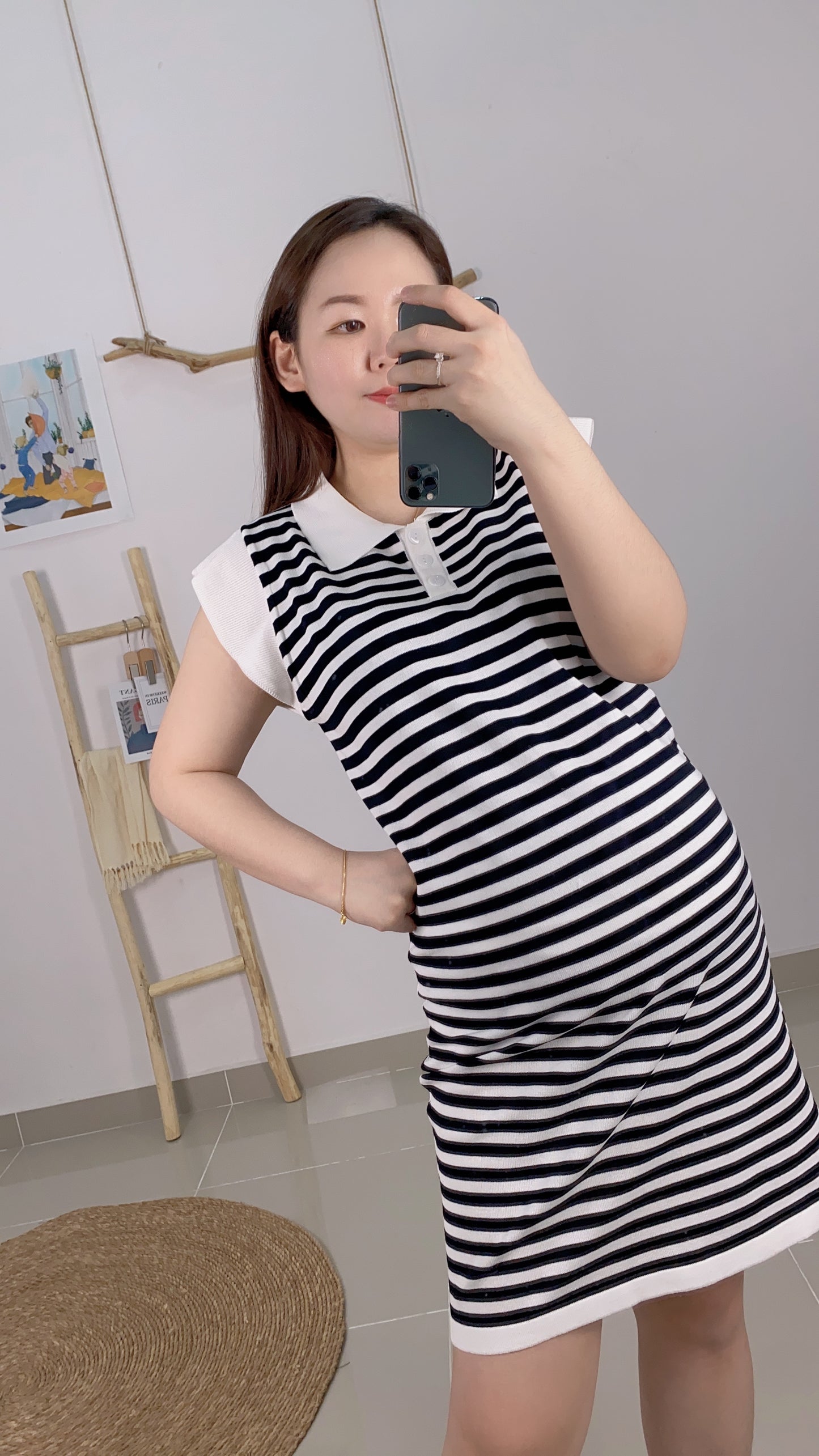 Chers Collared Stripes Sleeveless Dress