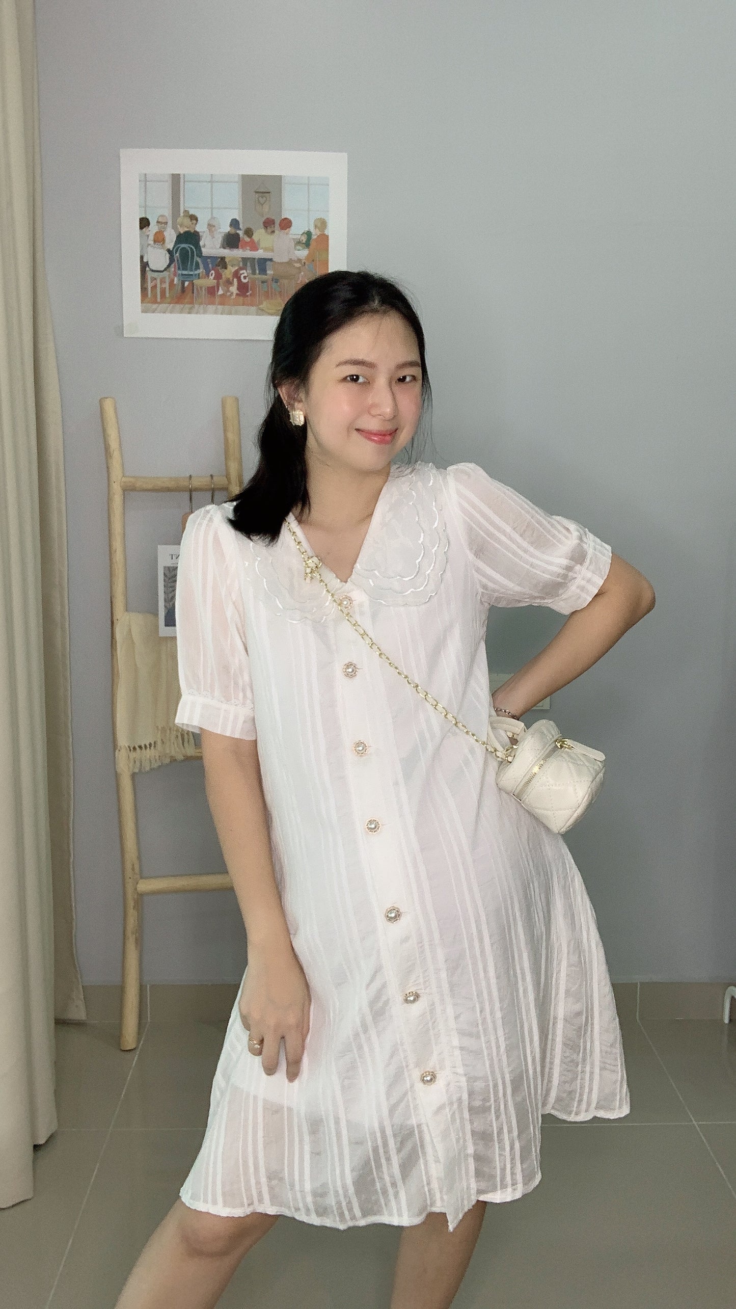 White Floral Collar Button Maternity Dress