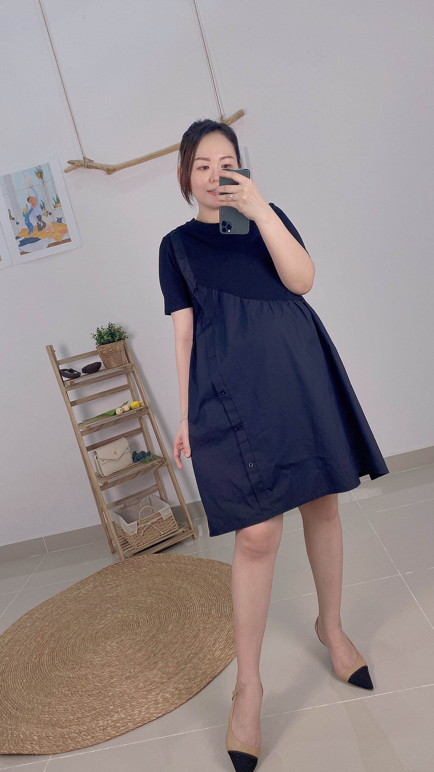 VENE Black Side Button Maternity Dress