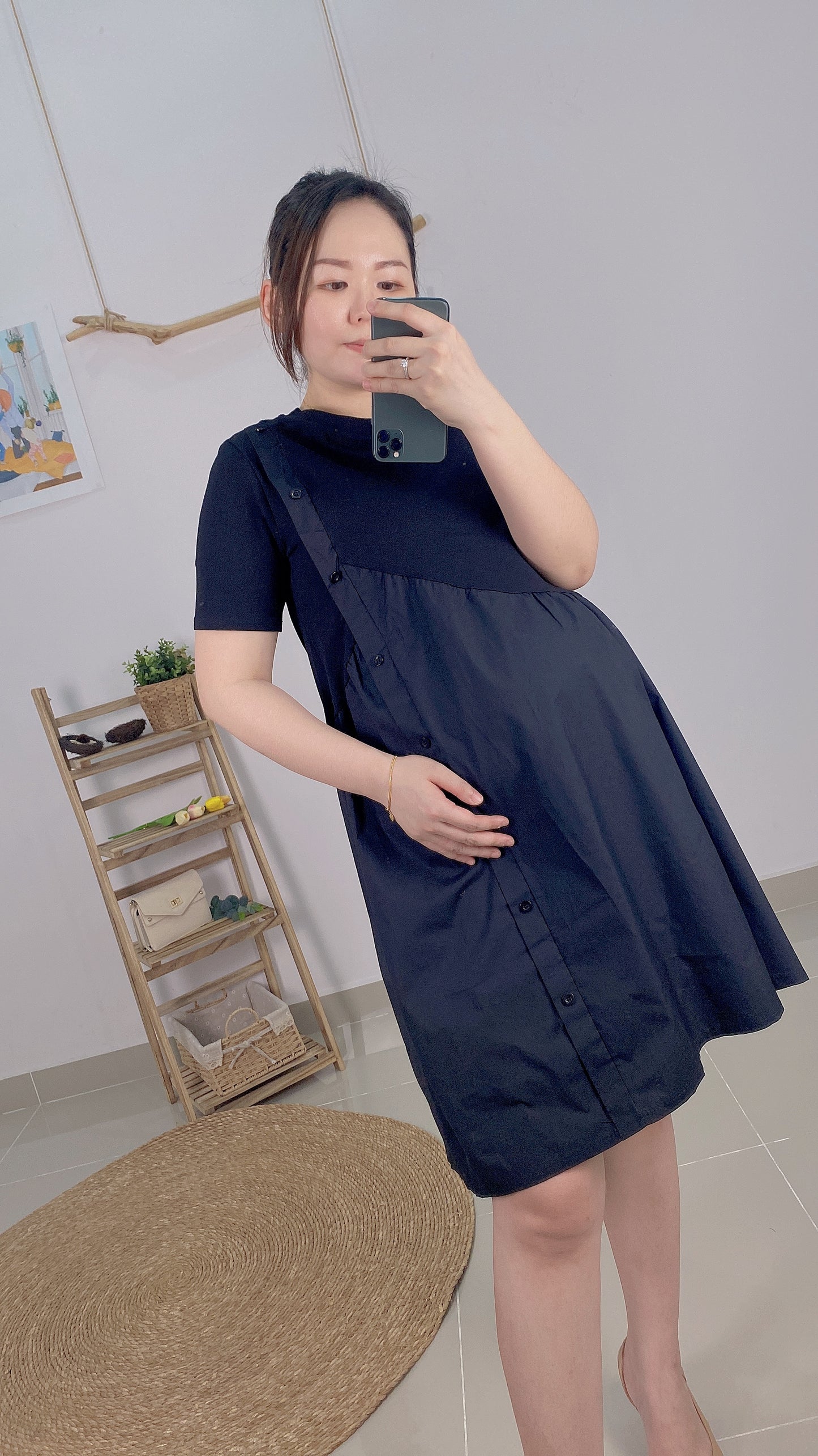 VENE Black Side Button Maternity Dress