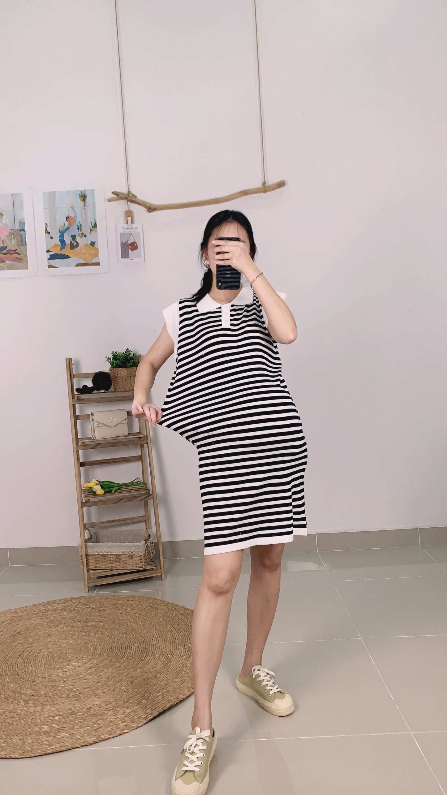 Chers Collared Stripes Sleeveless Dress