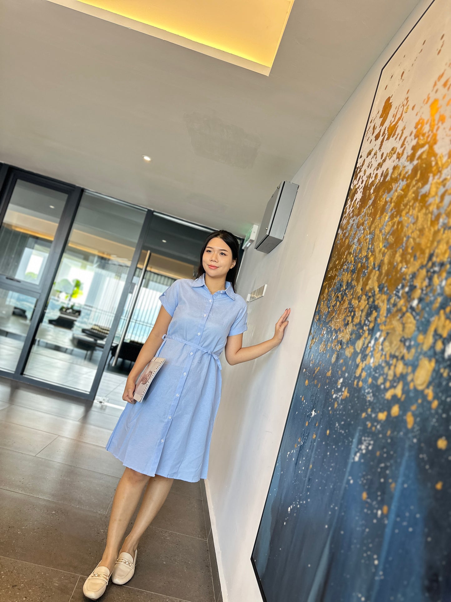Sky Blue Collar Belted Maternity Dress