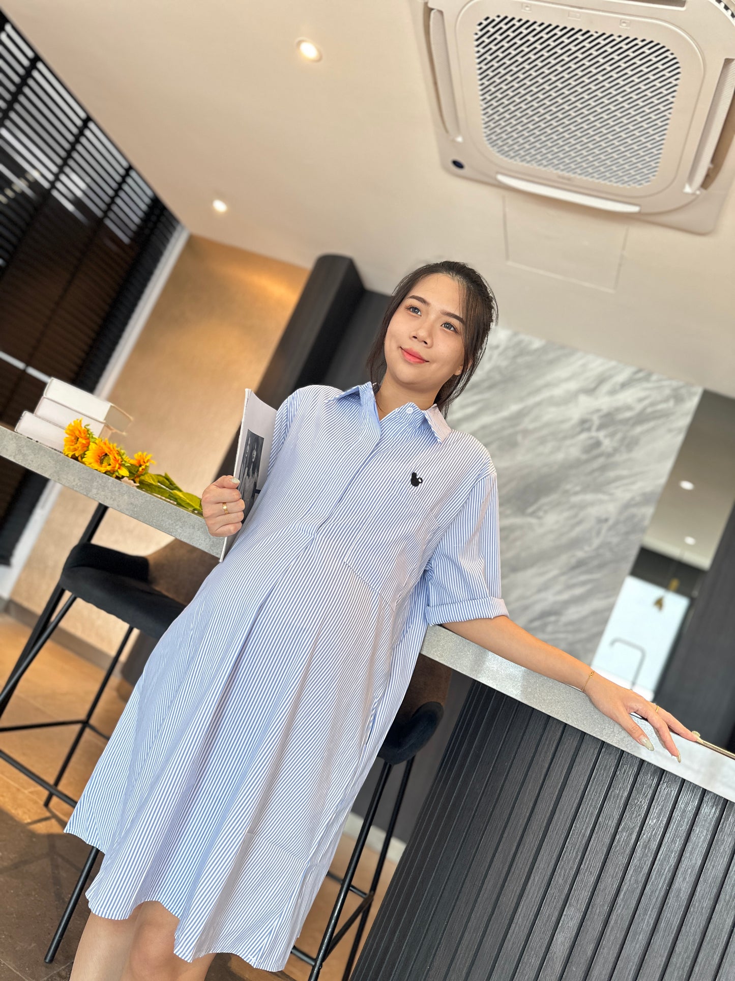 Denize Blue Collar Stripes Maternity Dress