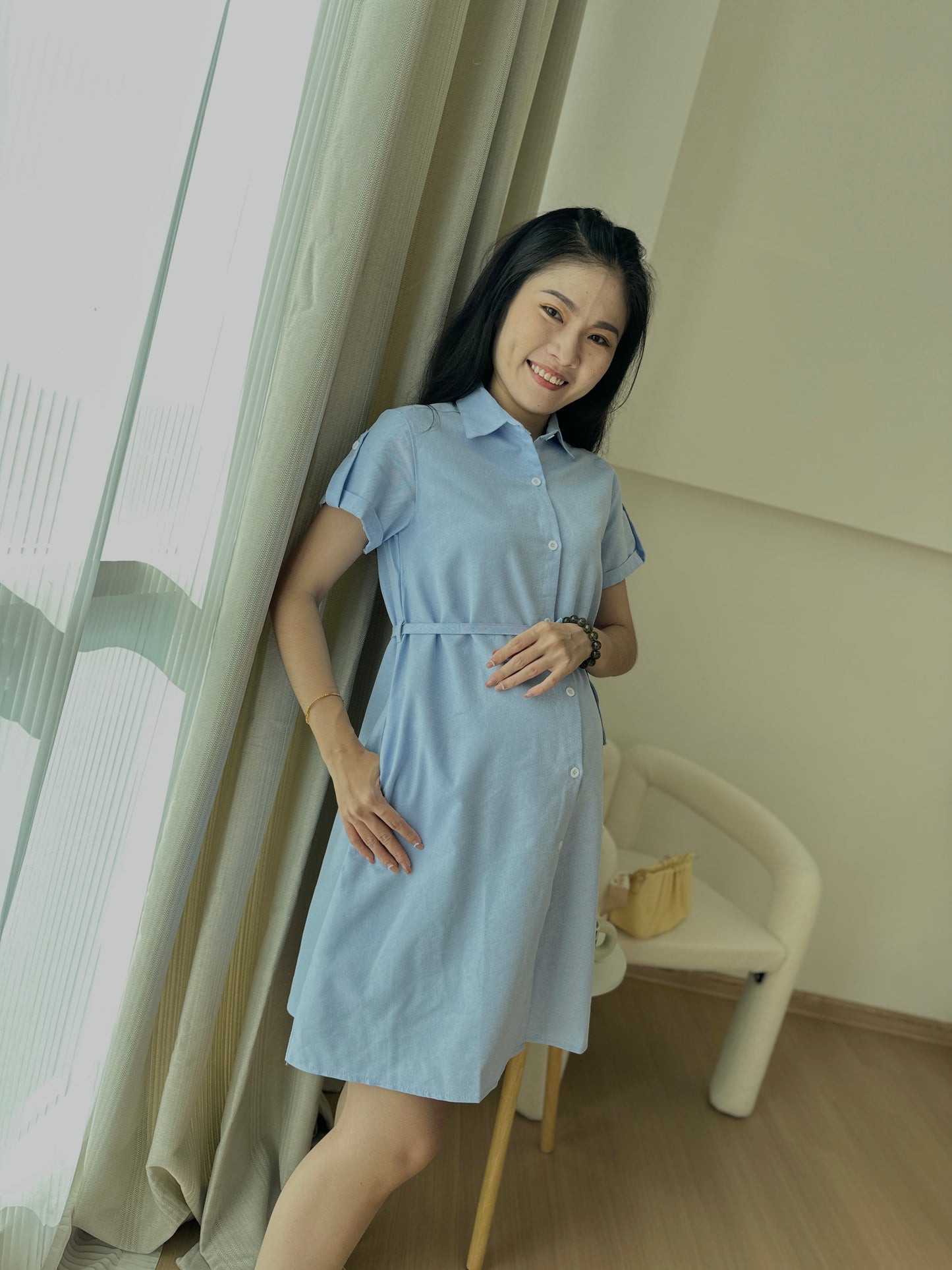 Sky Blue Collar Belted Maternity Dress