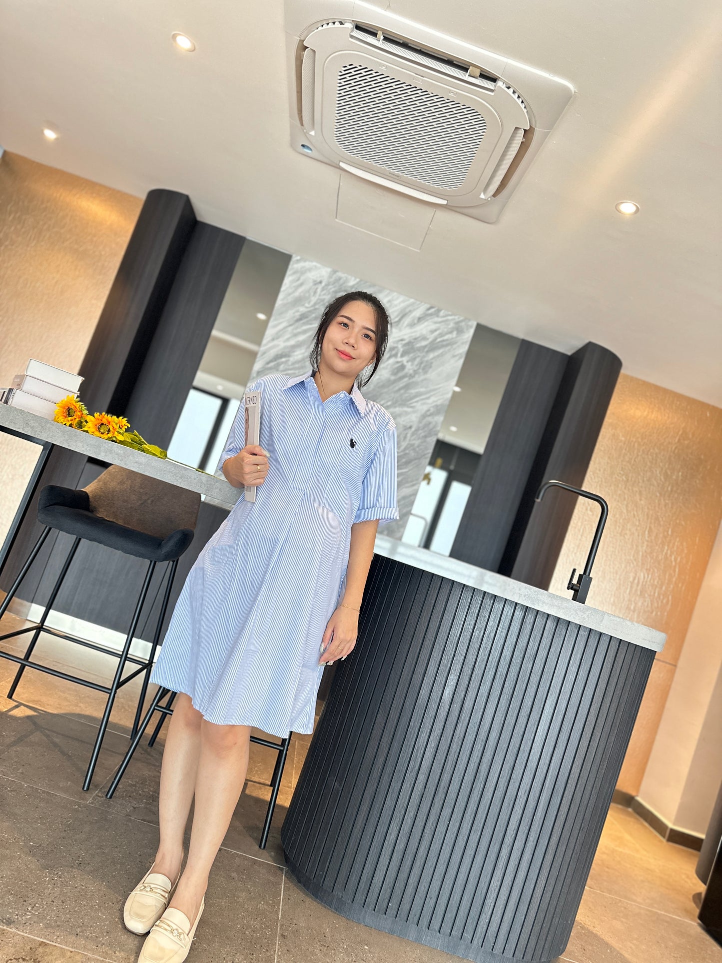 Denize Blue Collar Stripes Maternity Dress