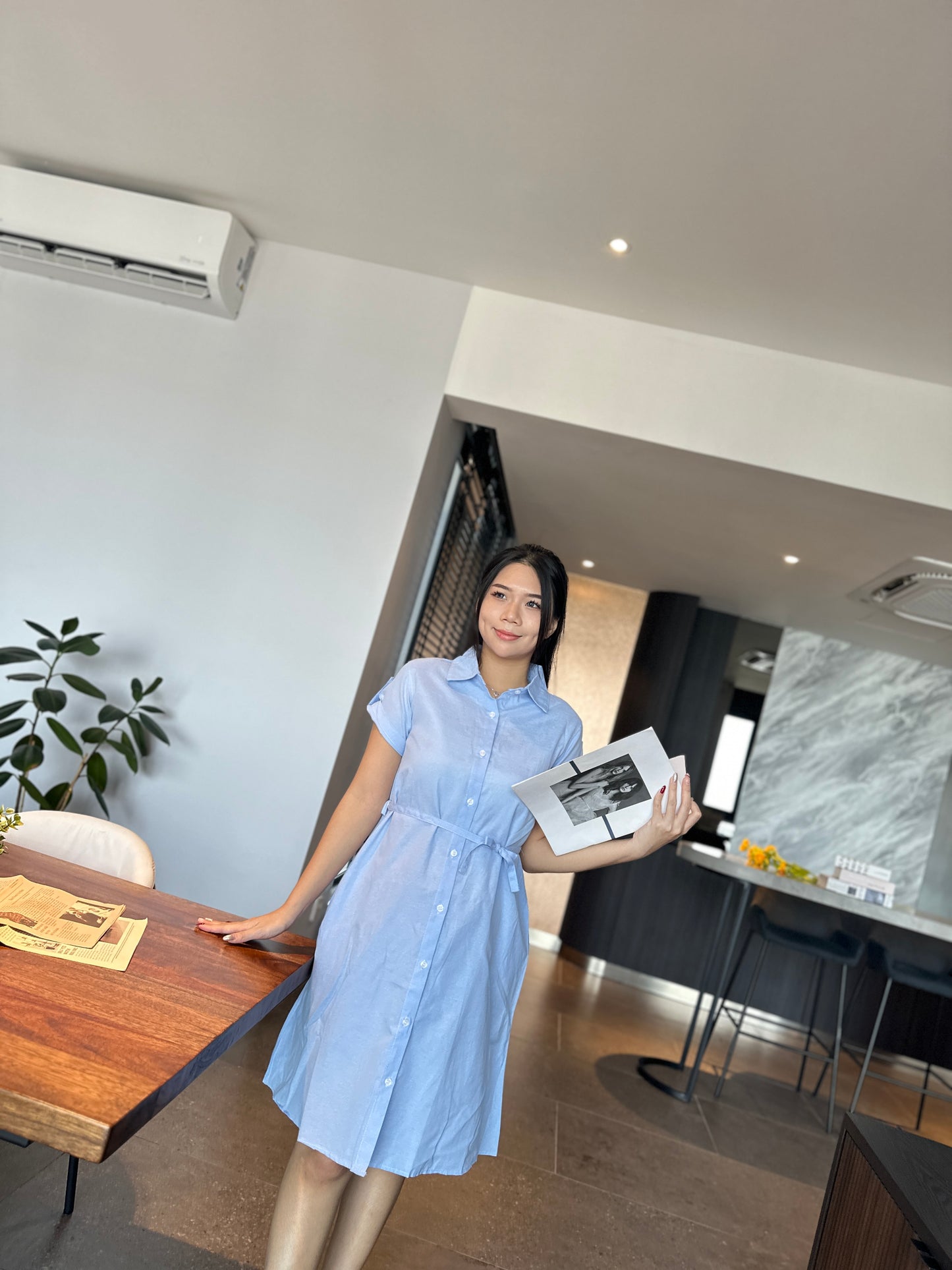 Sky Blue Collar Belted Maternity Dress