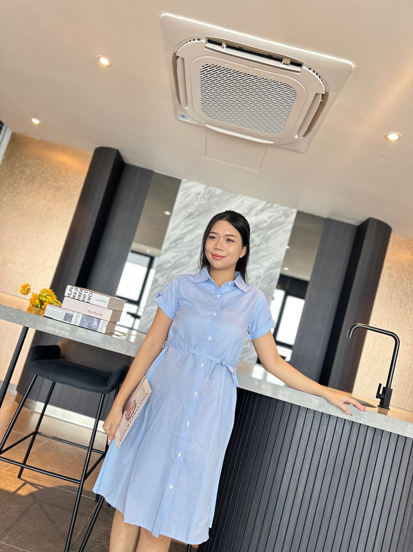 Sky Blue Collar Belted Maternity Dress