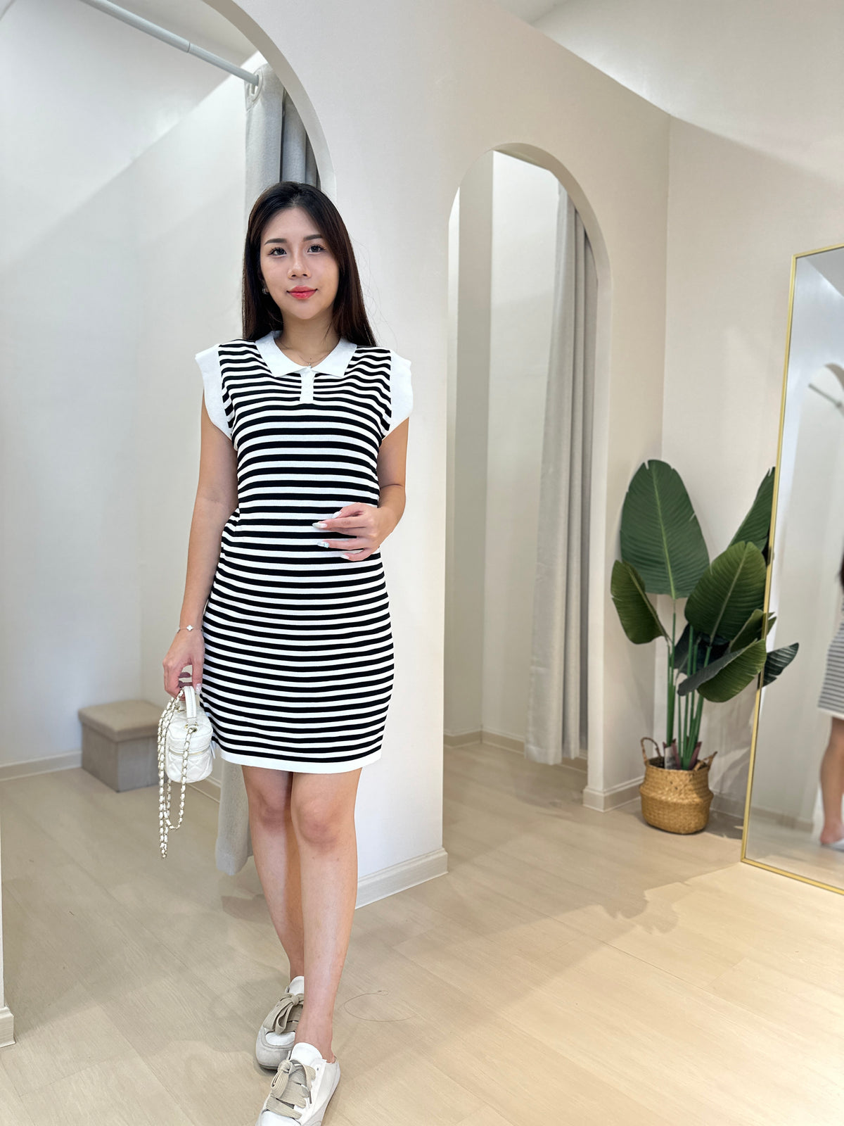 Chers Collared Stripes Sleeveless Dress