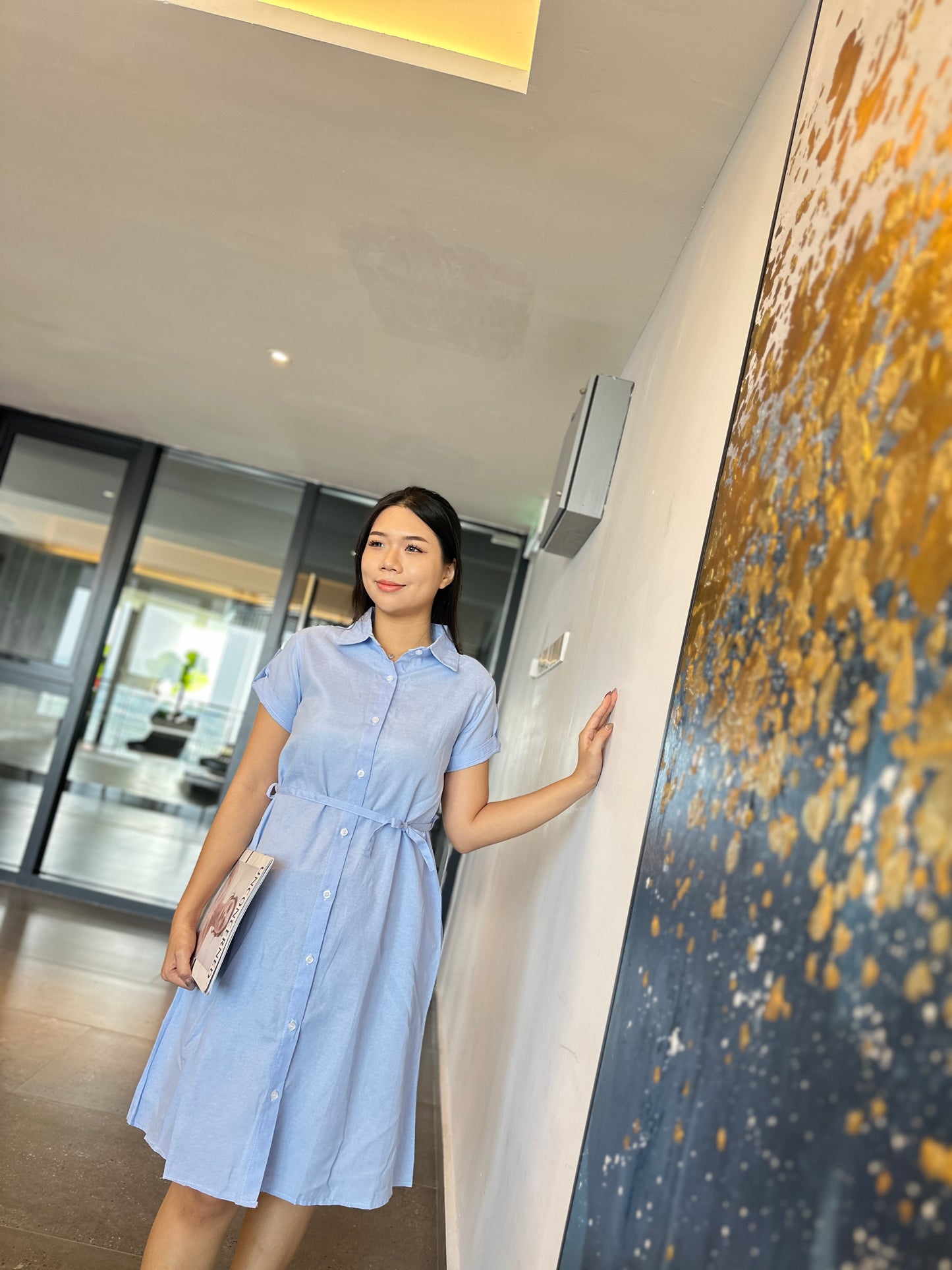 Sky Blue Collar Belted Maternity Dress