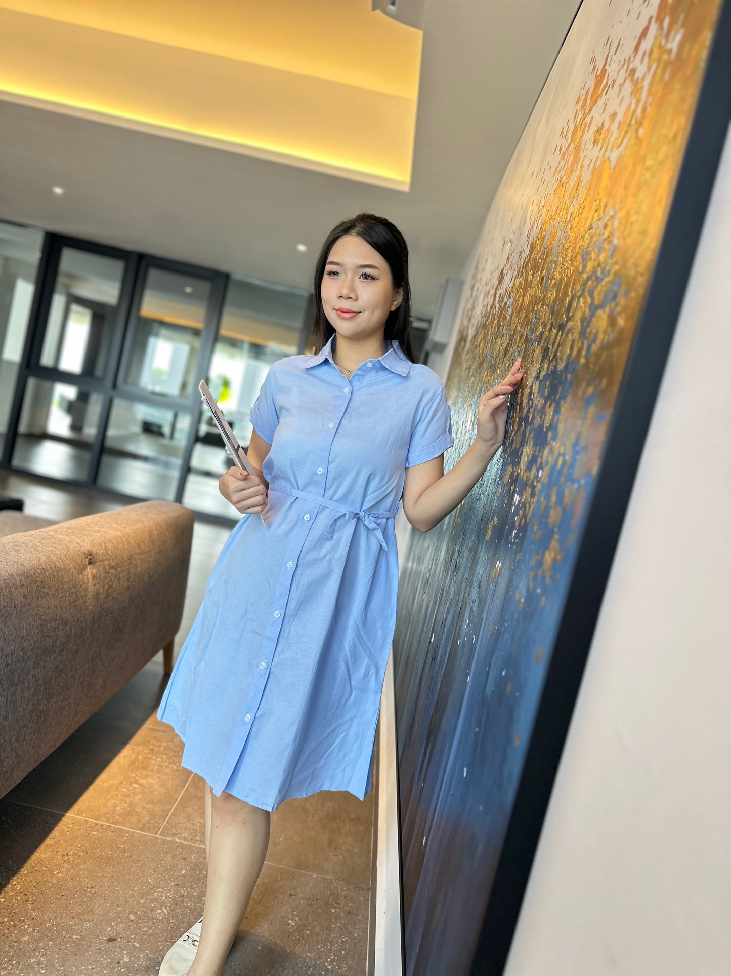 Sky Blue Collar Belted Maternity Dress