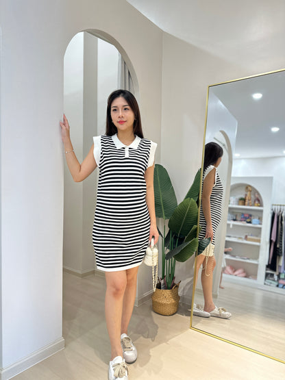 Chers Collared Stripes Sleeveless Dress