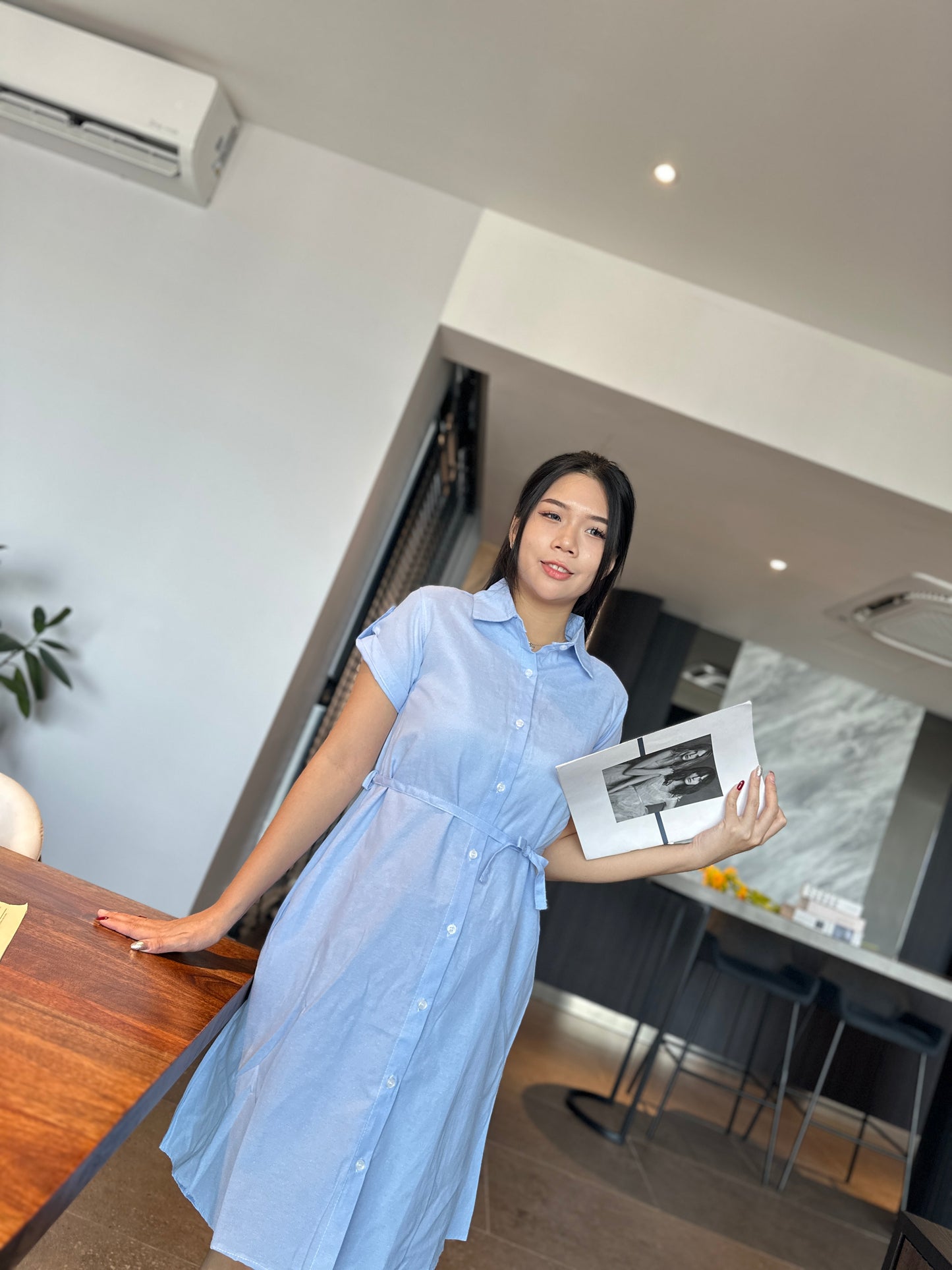 Sky Blue Collar Belted Maternity Dress