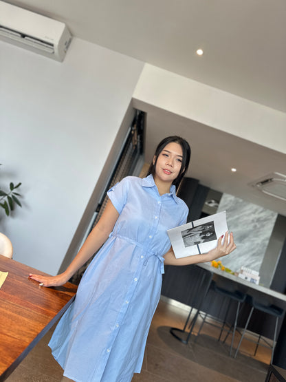 Sky Blue Collar Belted Maternity Dress