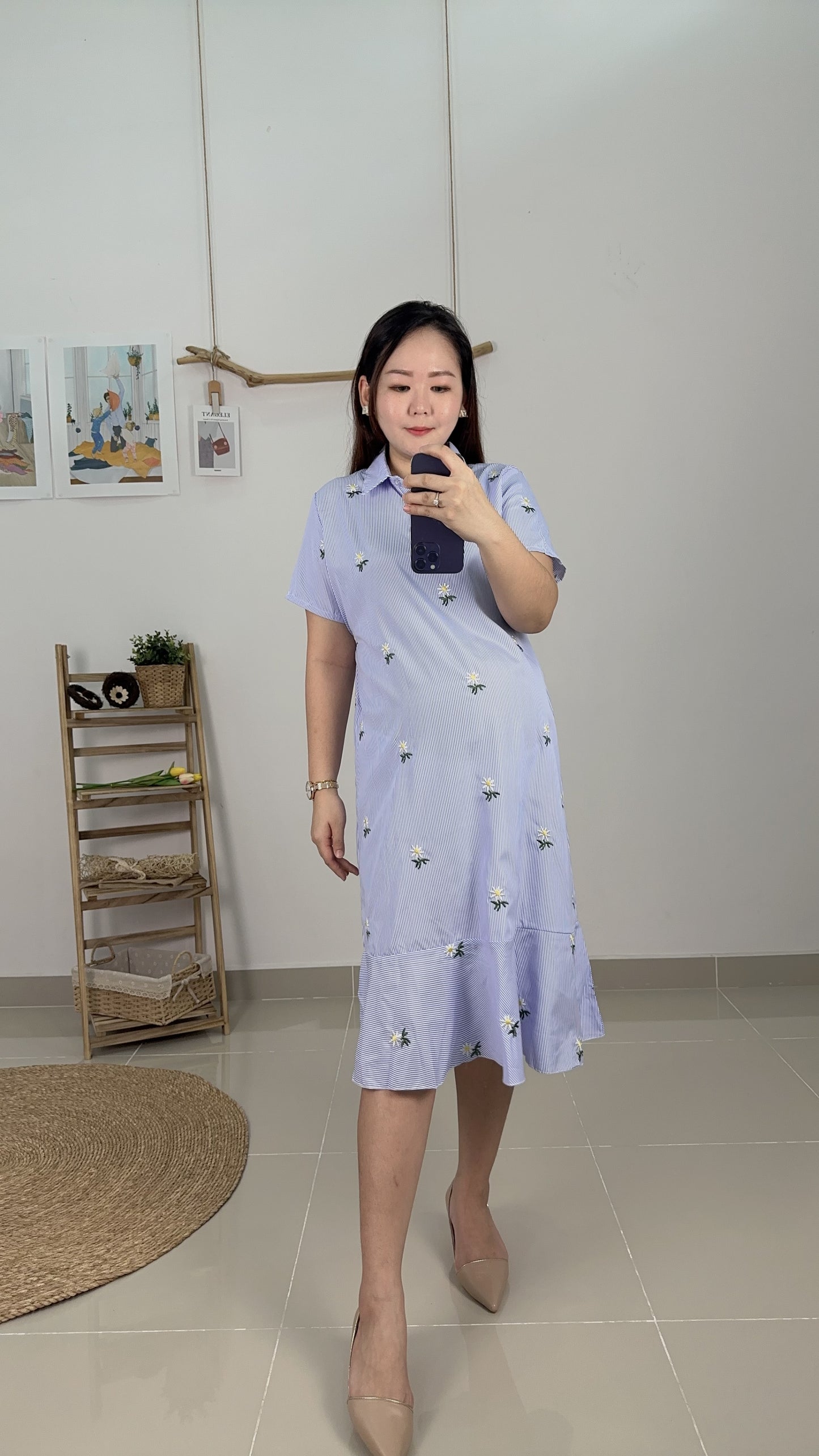 Tory Blue Flower Collar Maternity Dress