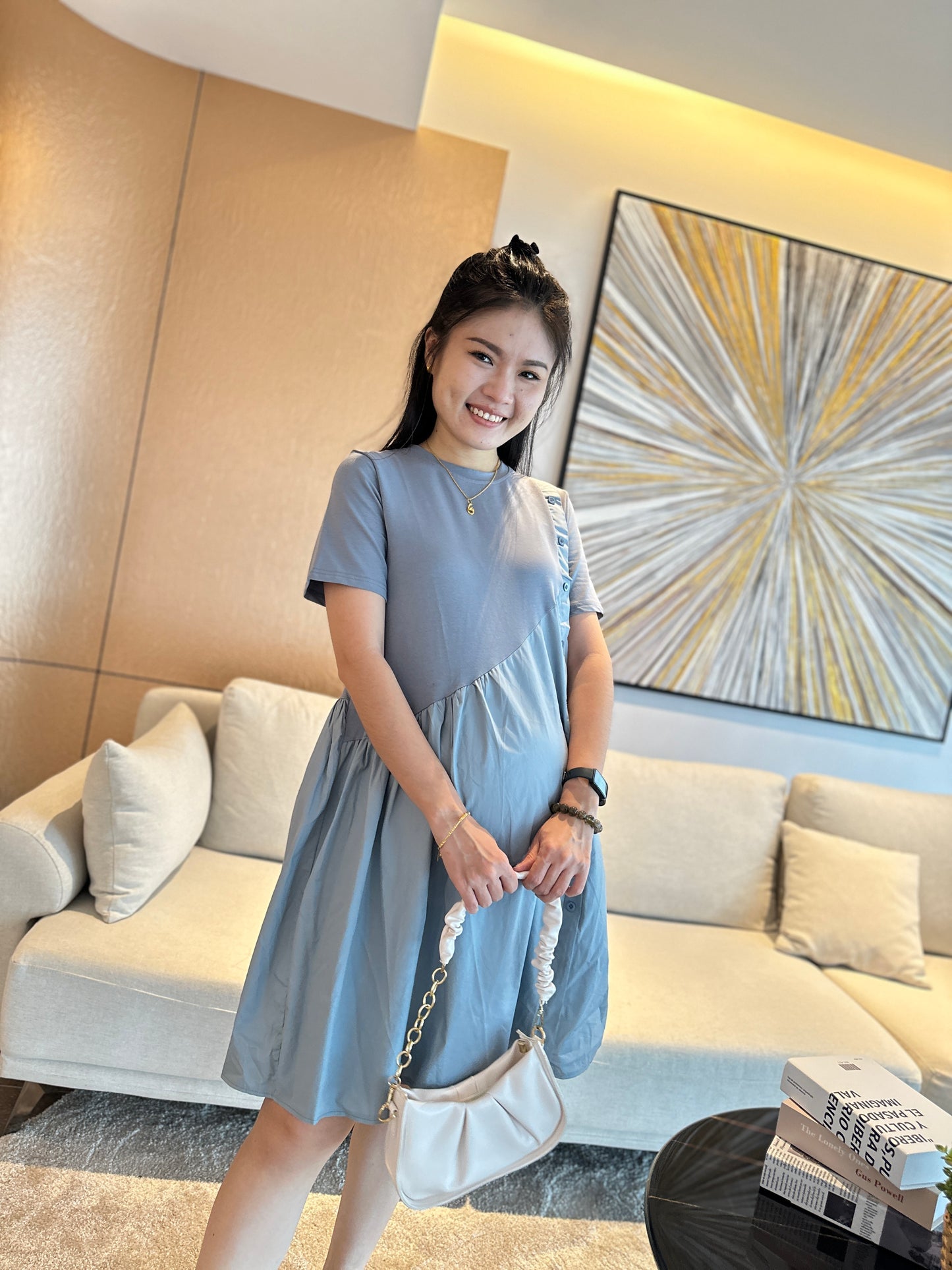 VENE Blue Side Button Maternity Dress