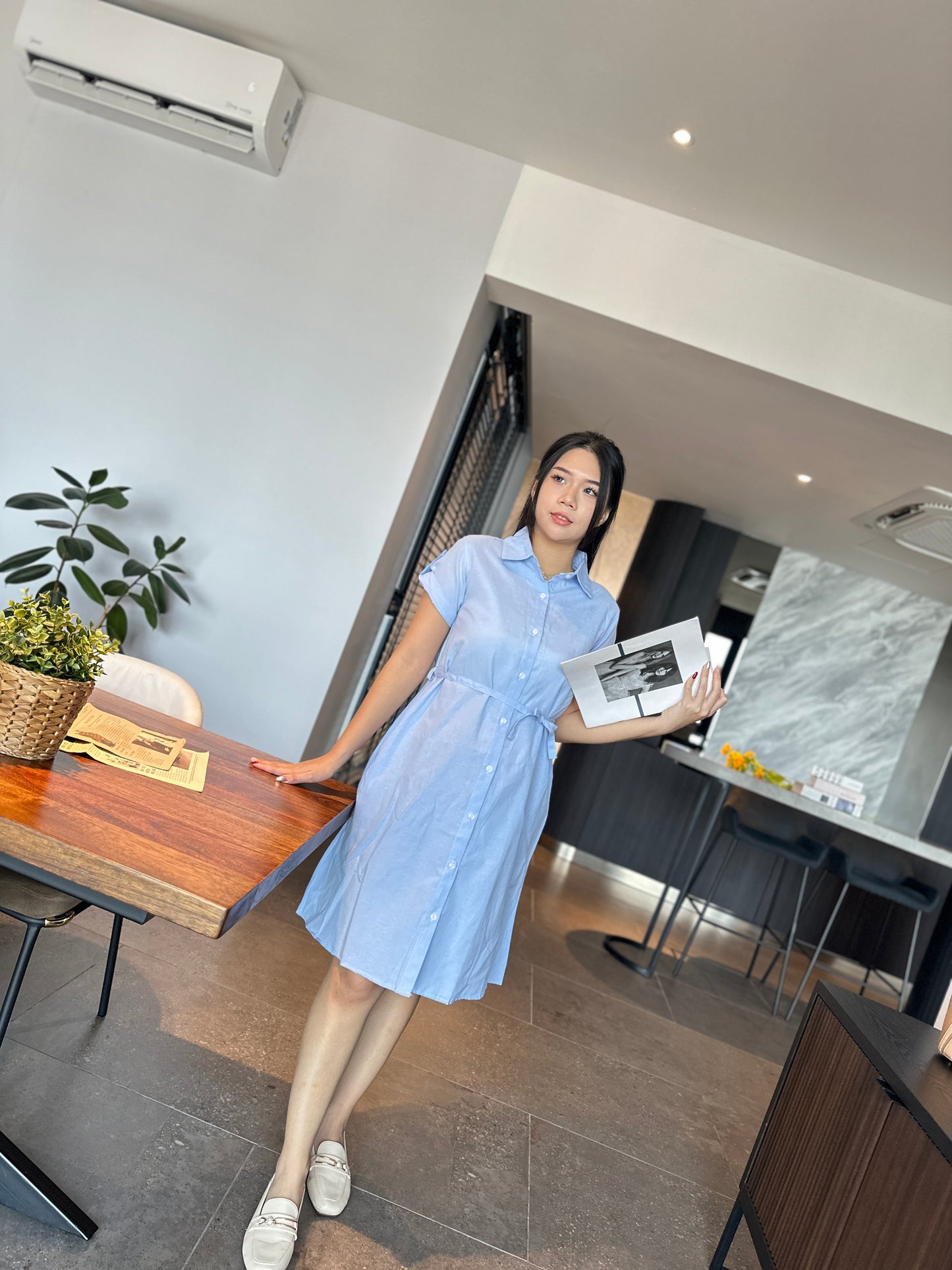Sky Blue Collar Belted Maternity Dress