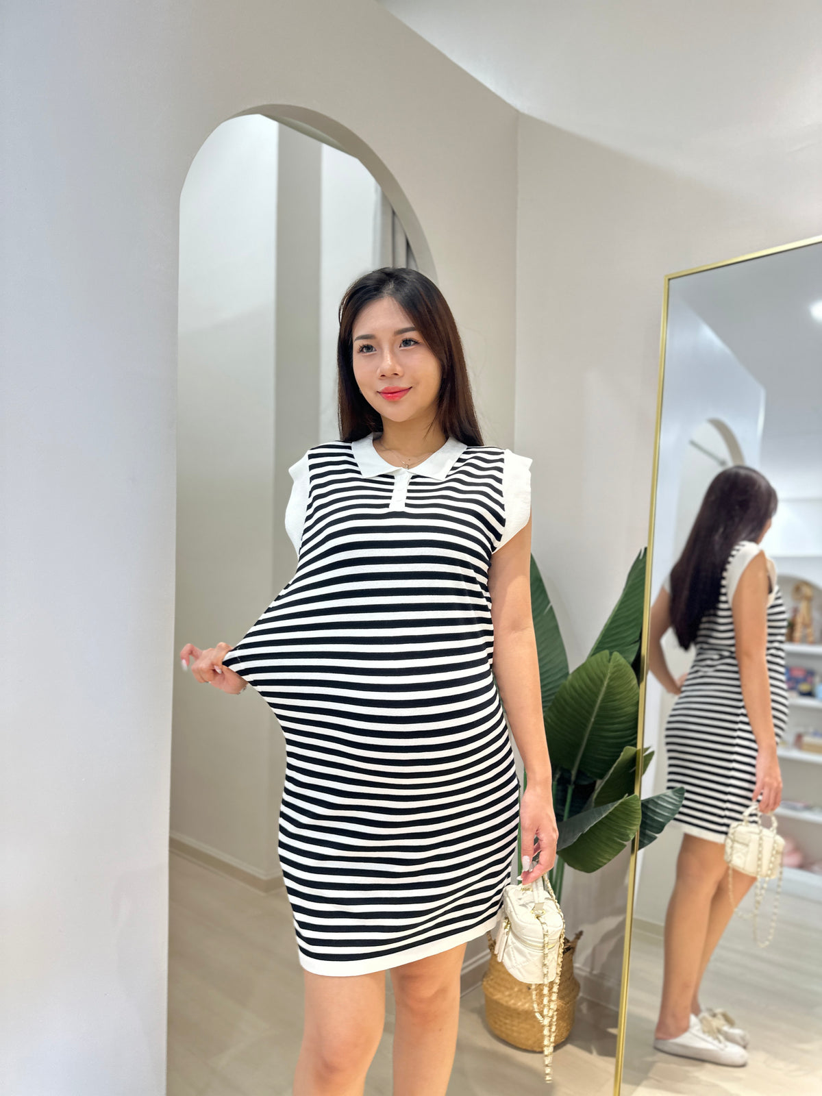 Chers Collared Stripes Sleeveless Dress