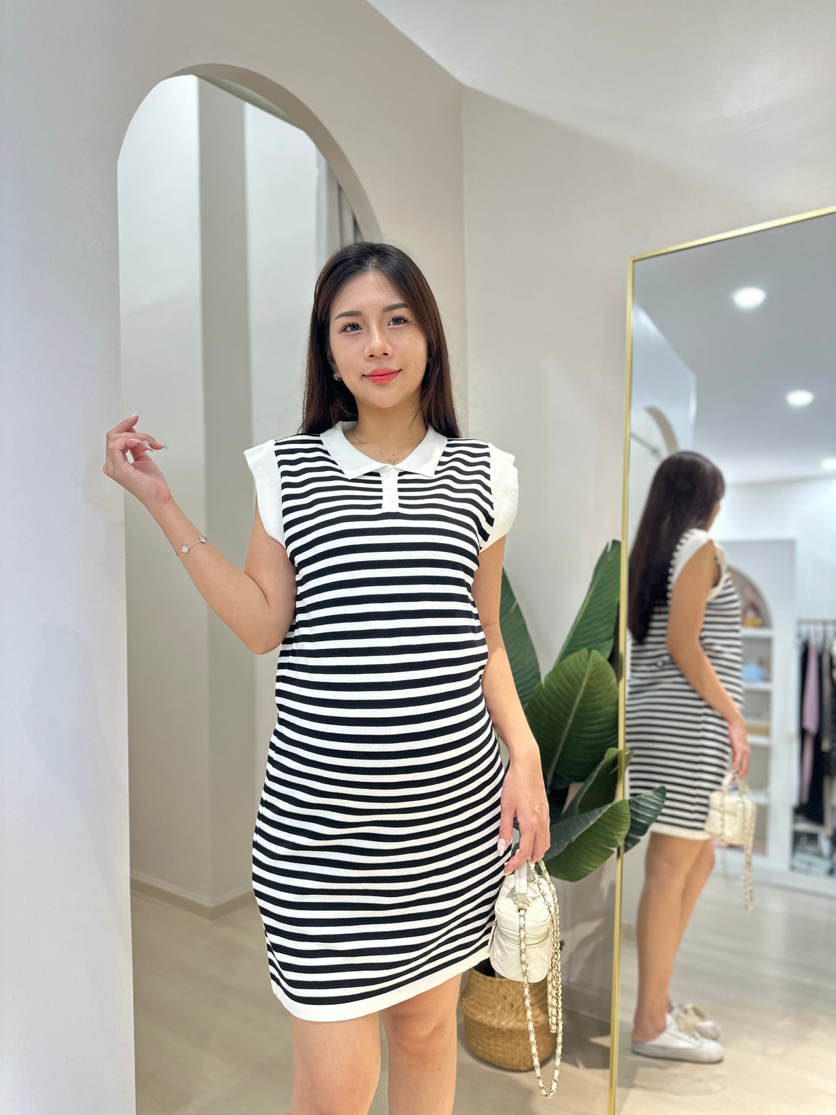 Chers Collared Stripes Sleeveless Dress
