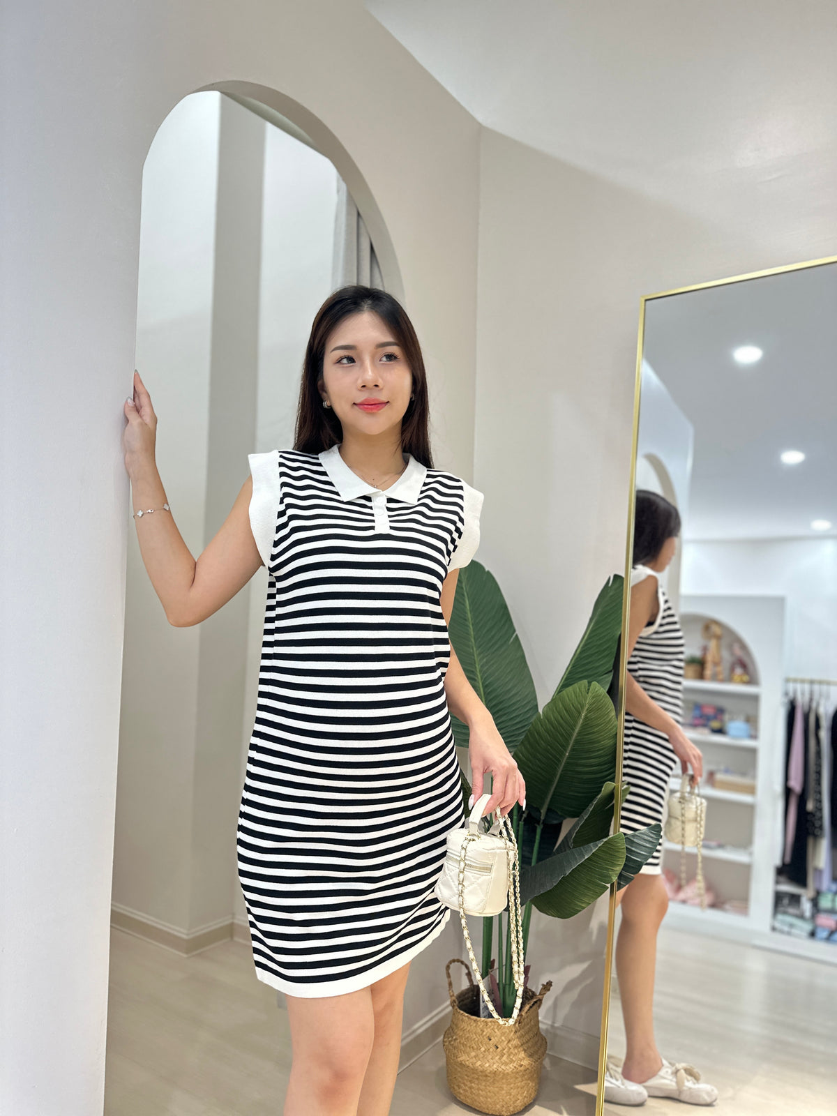 Chers Collared Stripes Sleeveless Dress