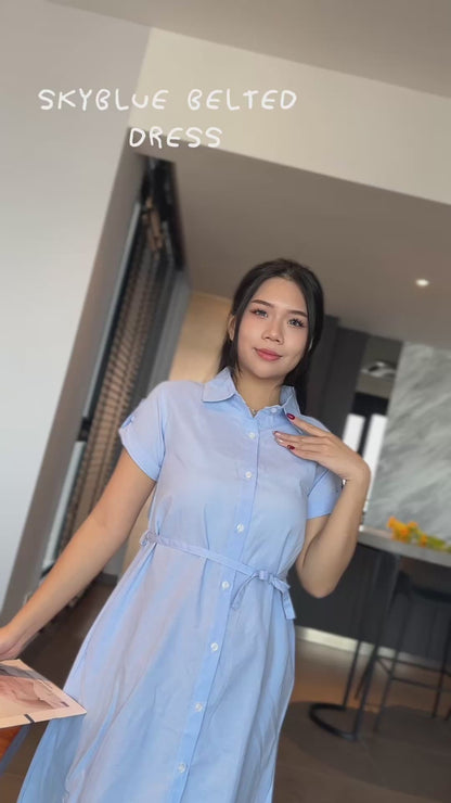 Sky Blue Collar Belted Maternity Dress