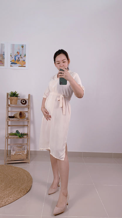 Button Up Maternity Dress-Apricot