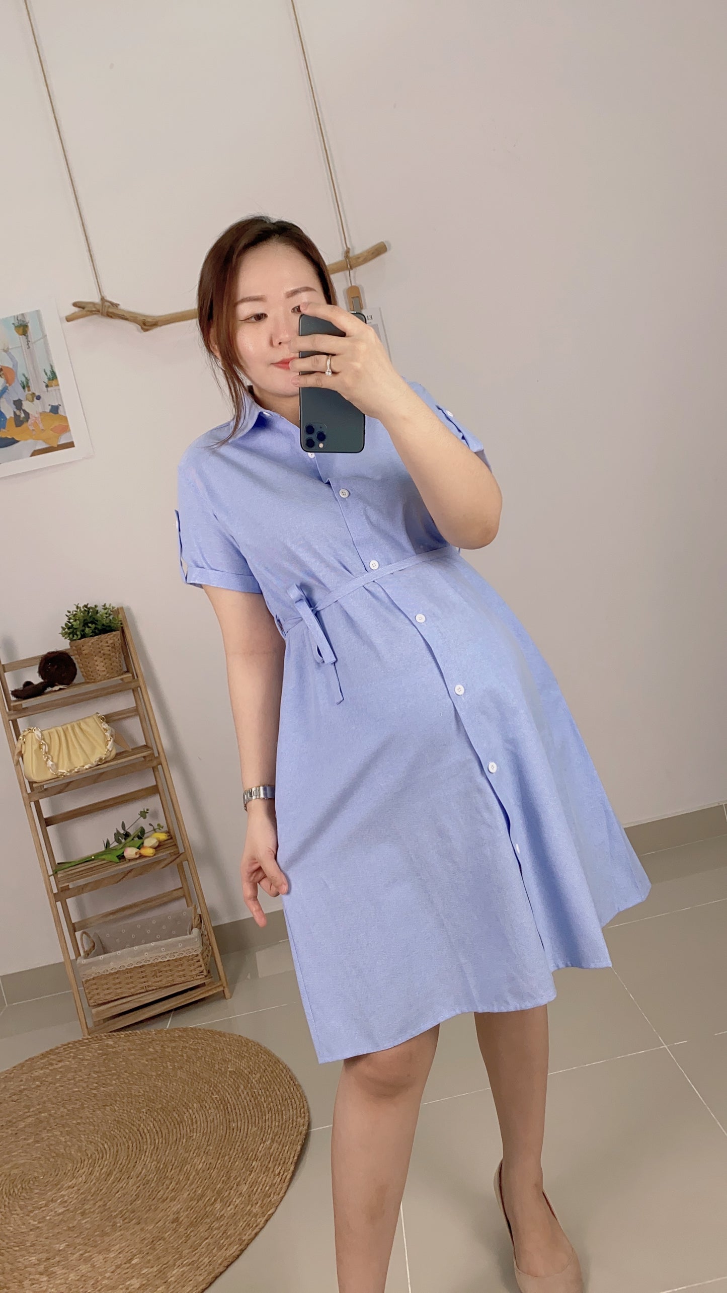 Sky Blue Collar Belted Maternity Dress