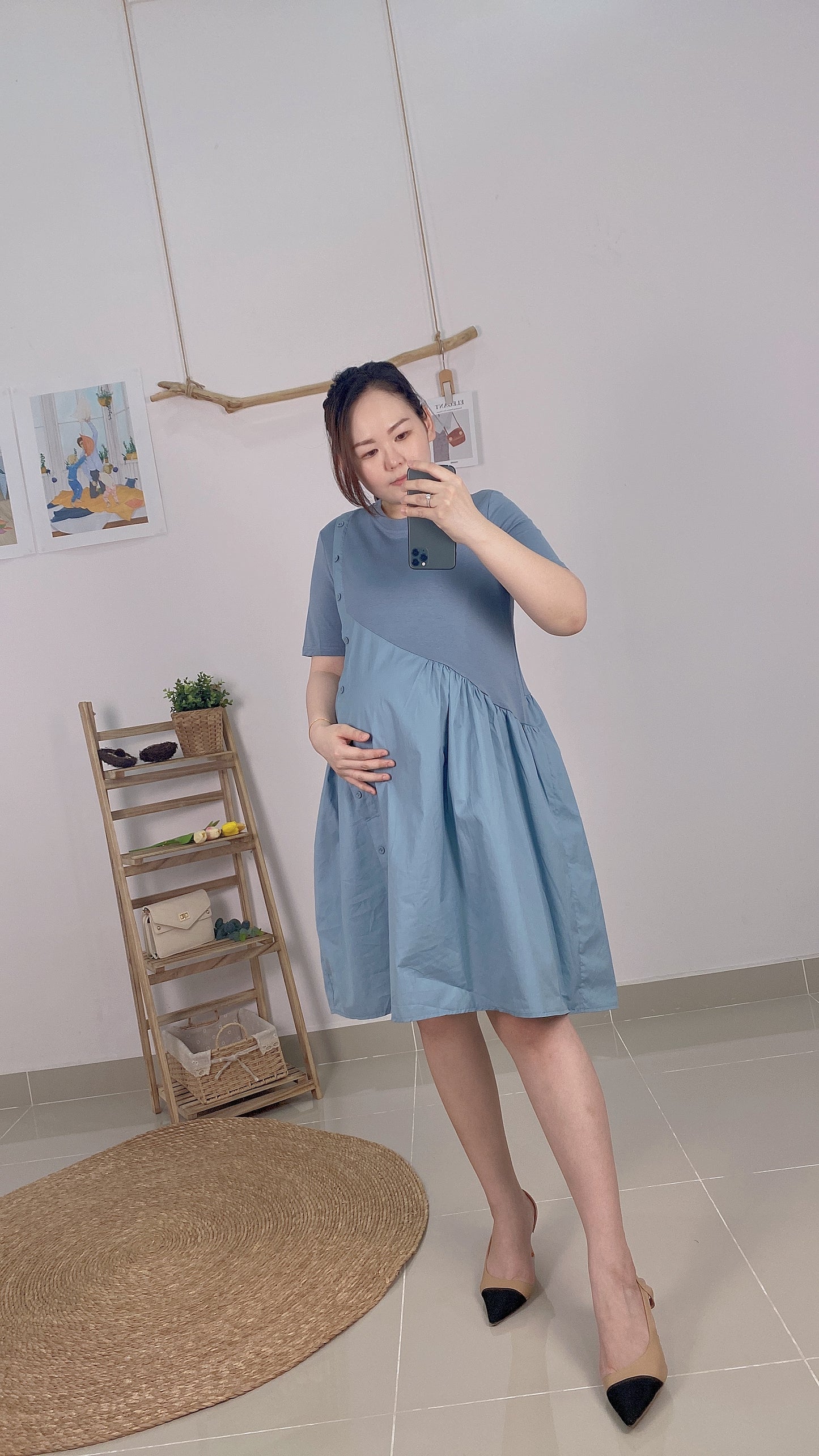 VENE Blue Side Button Maternity Dress