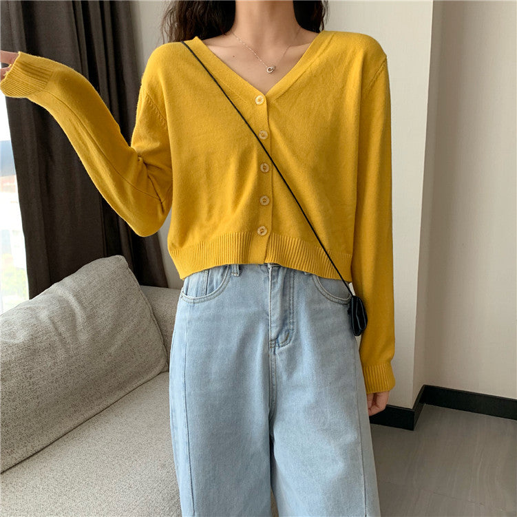 Zess Knitted Knits Long Sleeve Button Crop Top