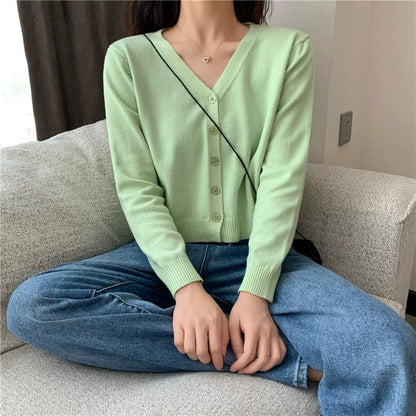 Zess Knitted Knits Long Sleeve Button Crop Top