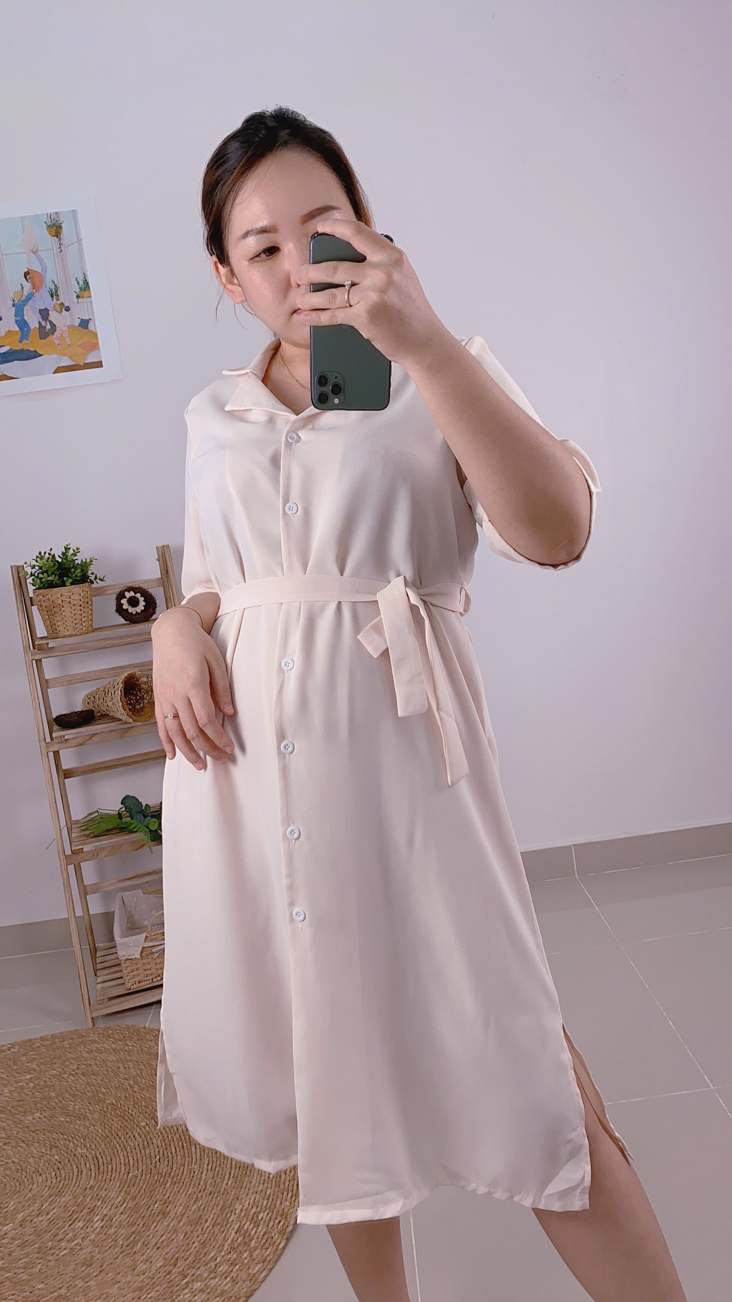 Button Up Maternity Dress-Green/Apricot/Brown