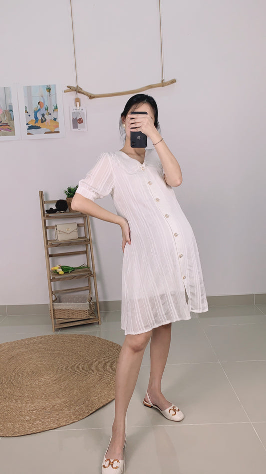 White Floral Collar Button Maternity Dress